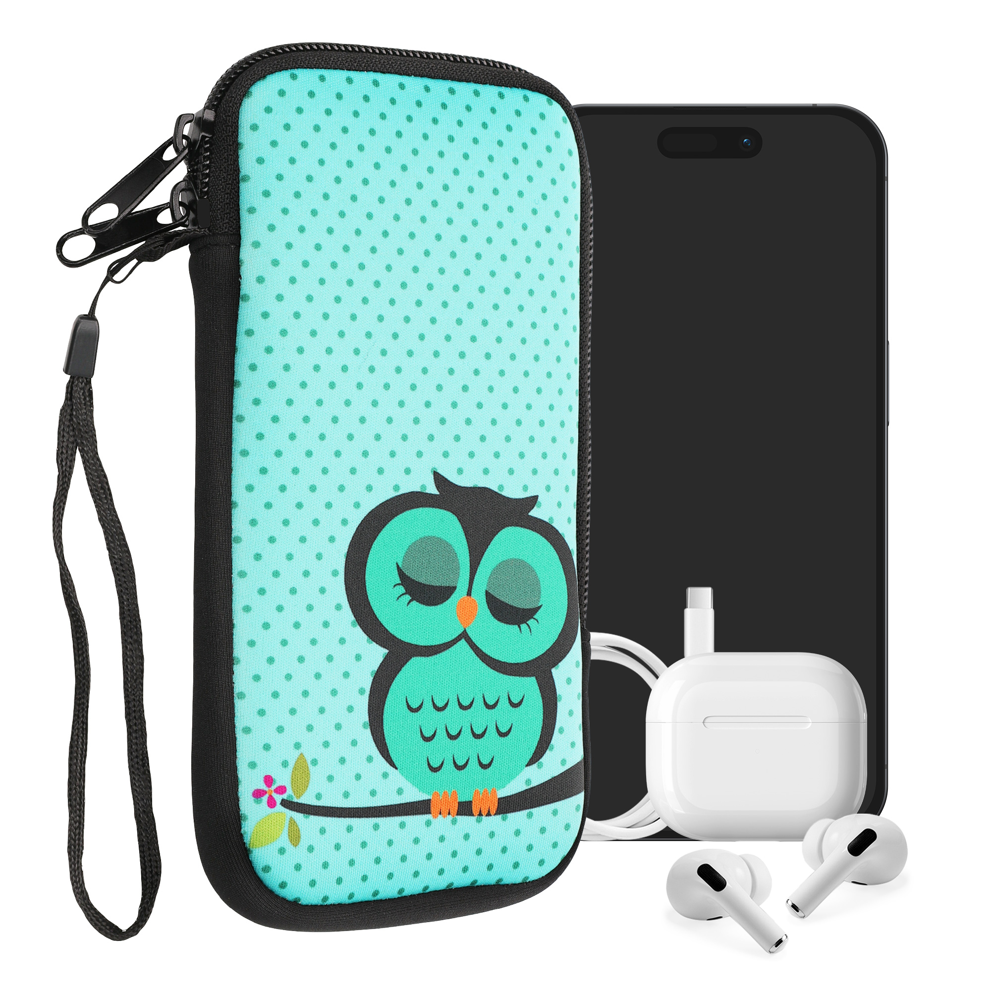 Univerzální pouzdro kwmobile na mobil XXL - 7" - motiv Sleeping Owl - tyrkysová / hnědá / mint
