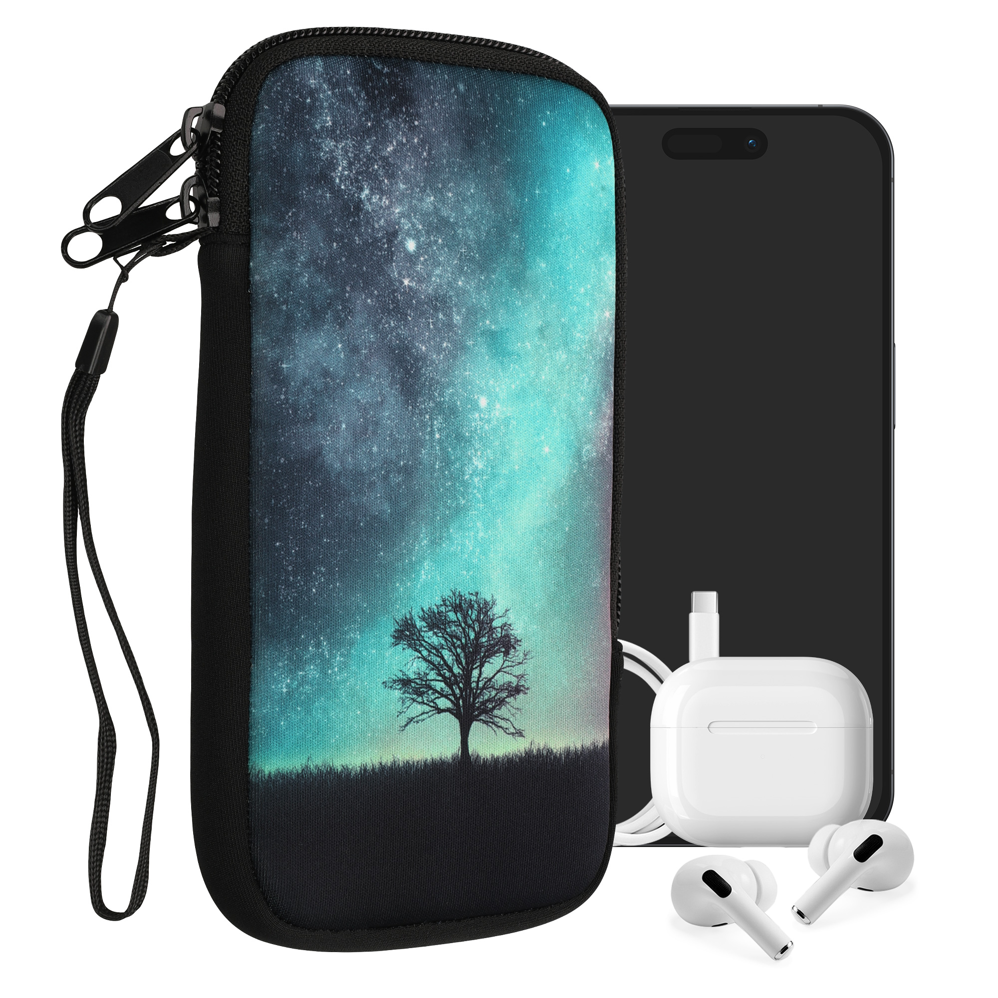 Univerzální pouzdro kwmobile na mobil XXL - 7" - motiv Cosmic Nature - modrá / šedá / černá