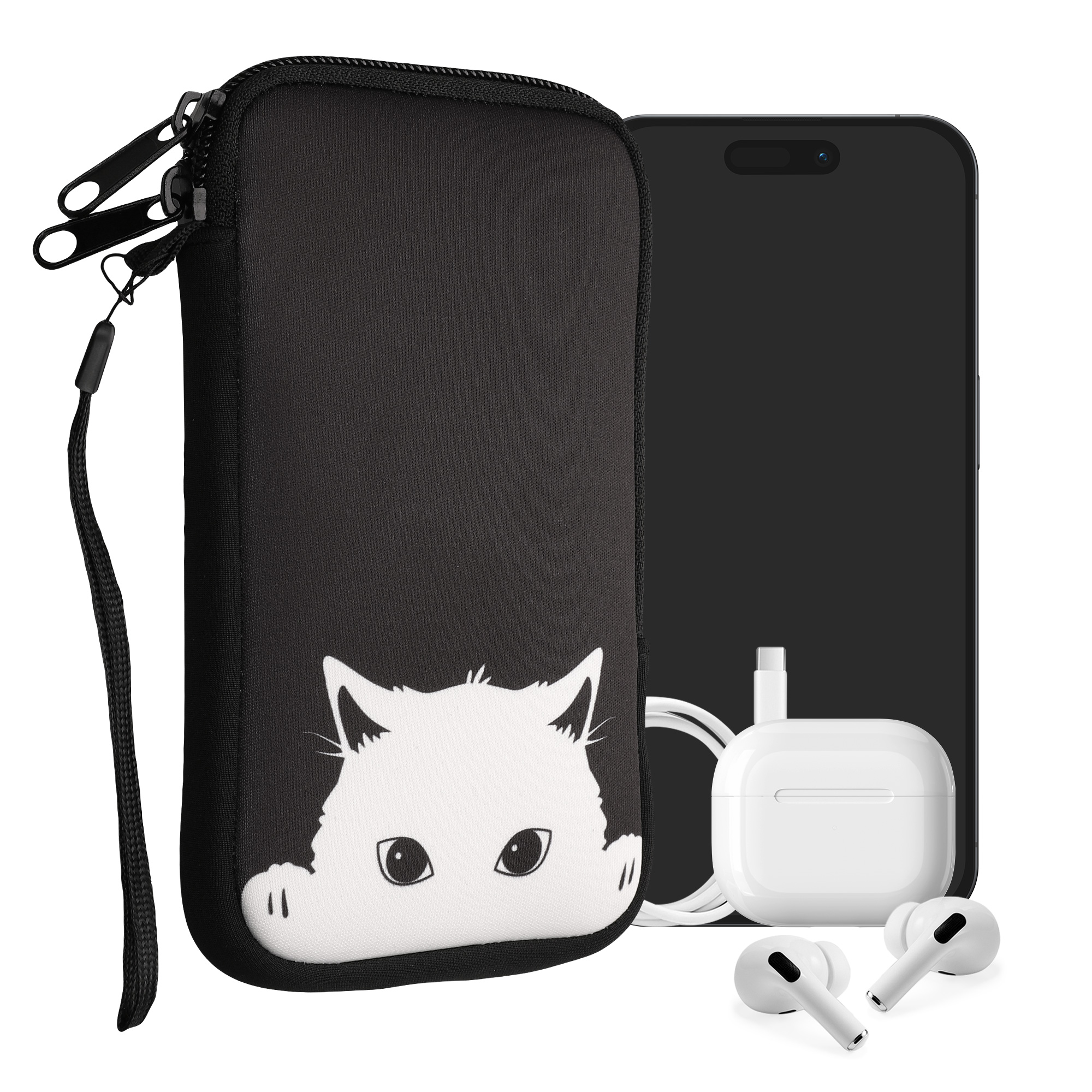 Univerzální pouzdro kwmobile na mobil XXL - 7" - motiv Curious Cat - černá / bílá