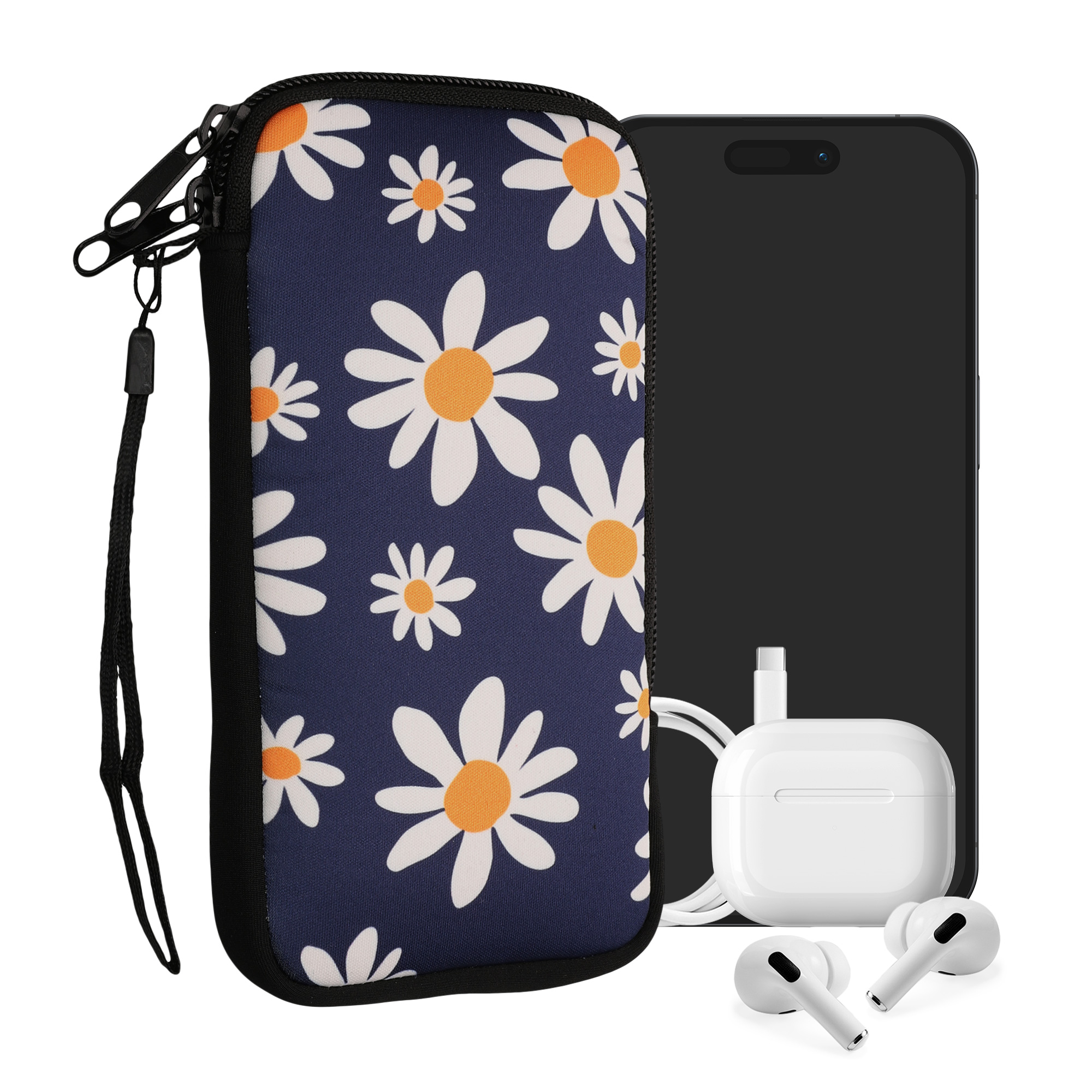 Univerzální pouzdro kwmobile na mobil XL 6,7/6,8" (17,2 x 8,4 cm) - motiv letní sedmikrásky, modrá / bílá / žlutá