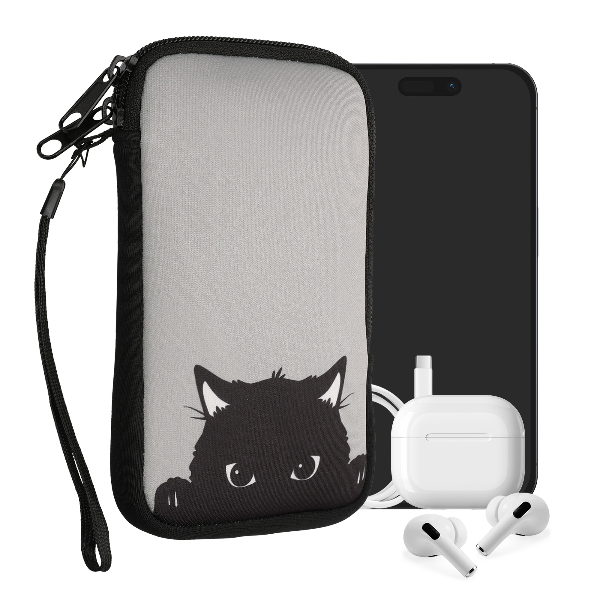 kwmobile univerzální pouzdro na mobil L 6.5", neopren, Curious Cat šedá / černá