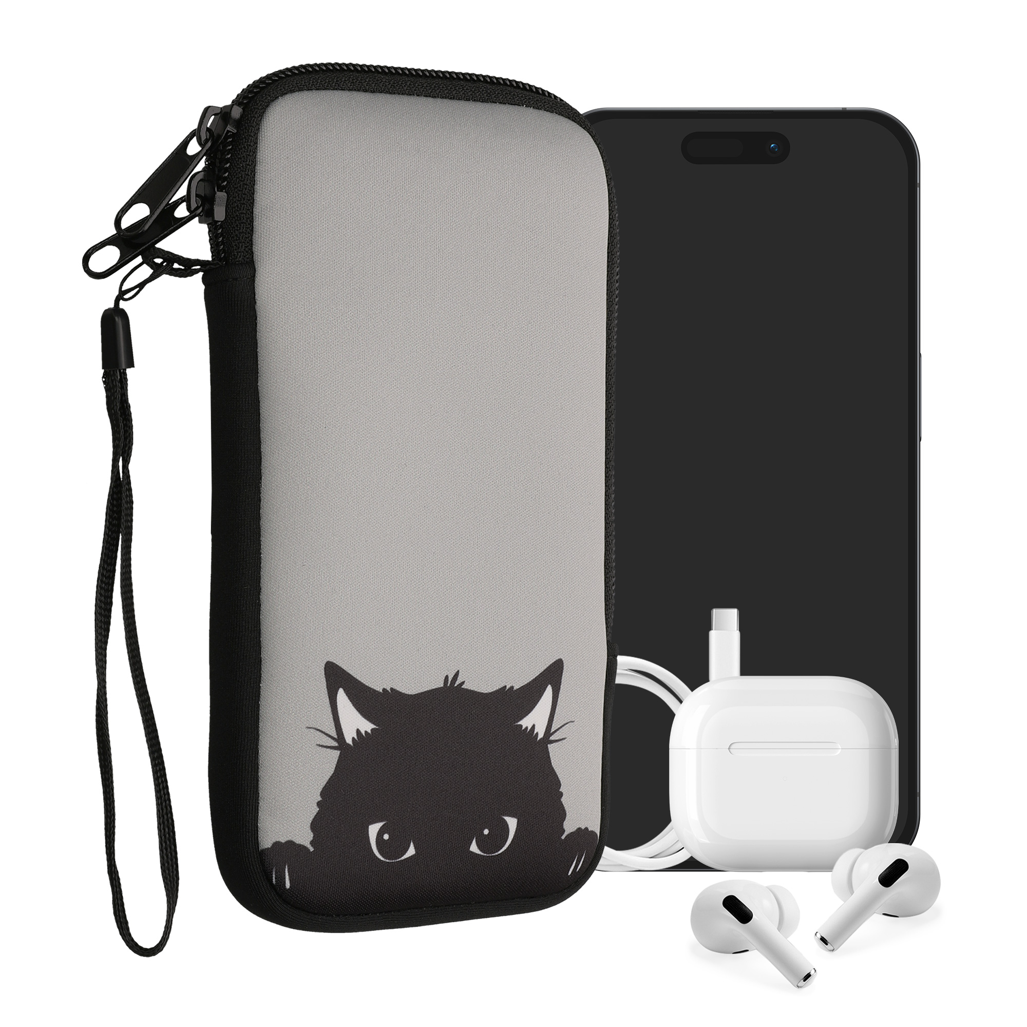 Univerzální pouzdro kwmobile na mobil XXL - 7" - motiv Curious Cat - šedá / černá