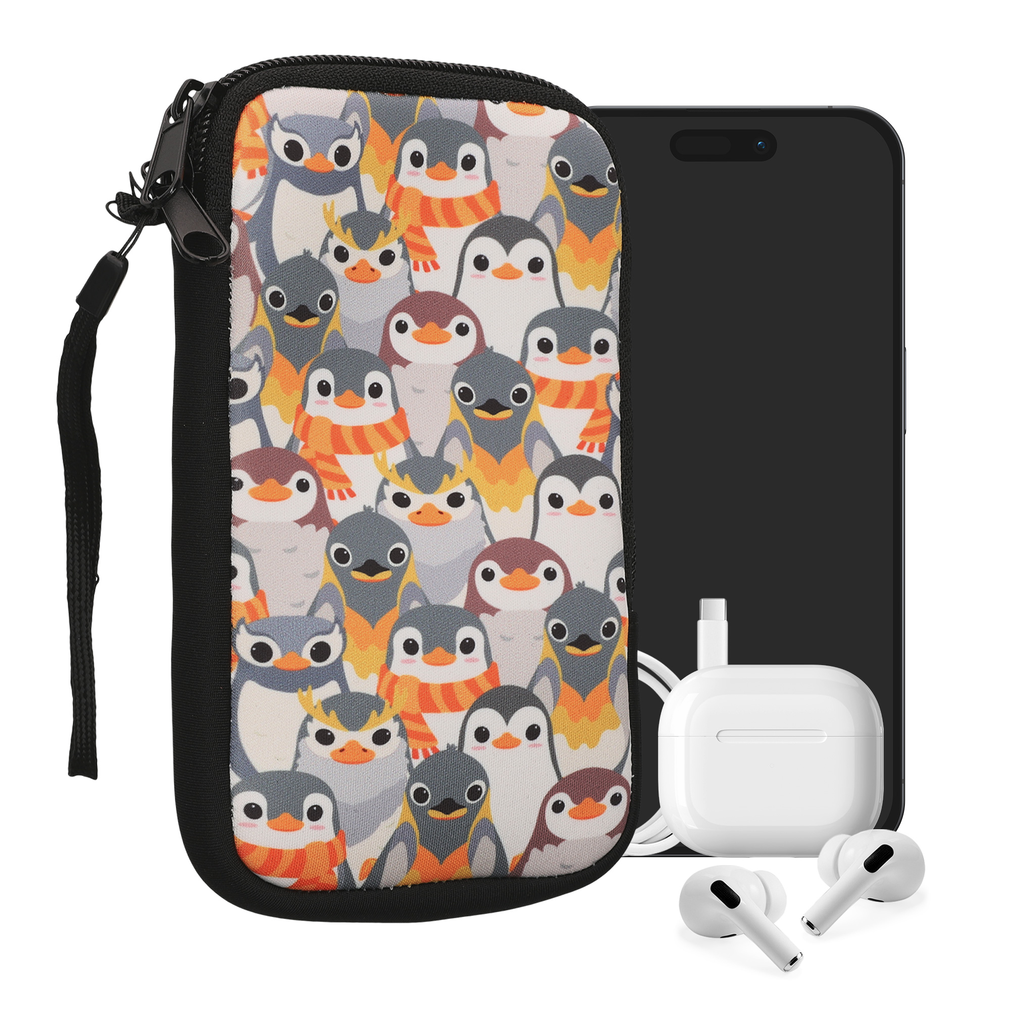 kwmobile univerzální pouzdro na mobil L 6.5", neopren, Penguins šedá / žlutá / hnědá