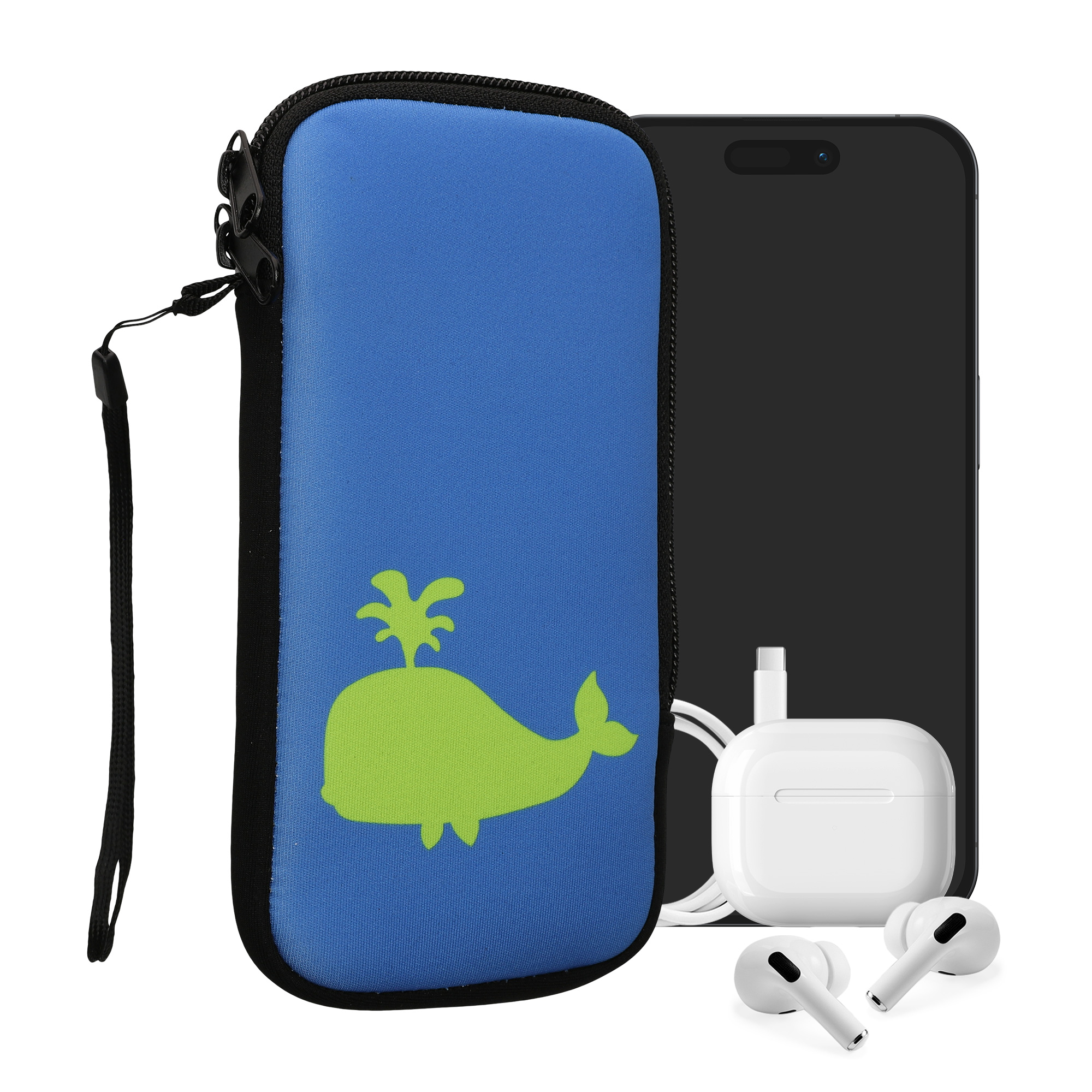 Univerzální pouzdro kwmobile na mobil XXL - 7" - motiv Whale Silhouette - neonově zelená / modrá