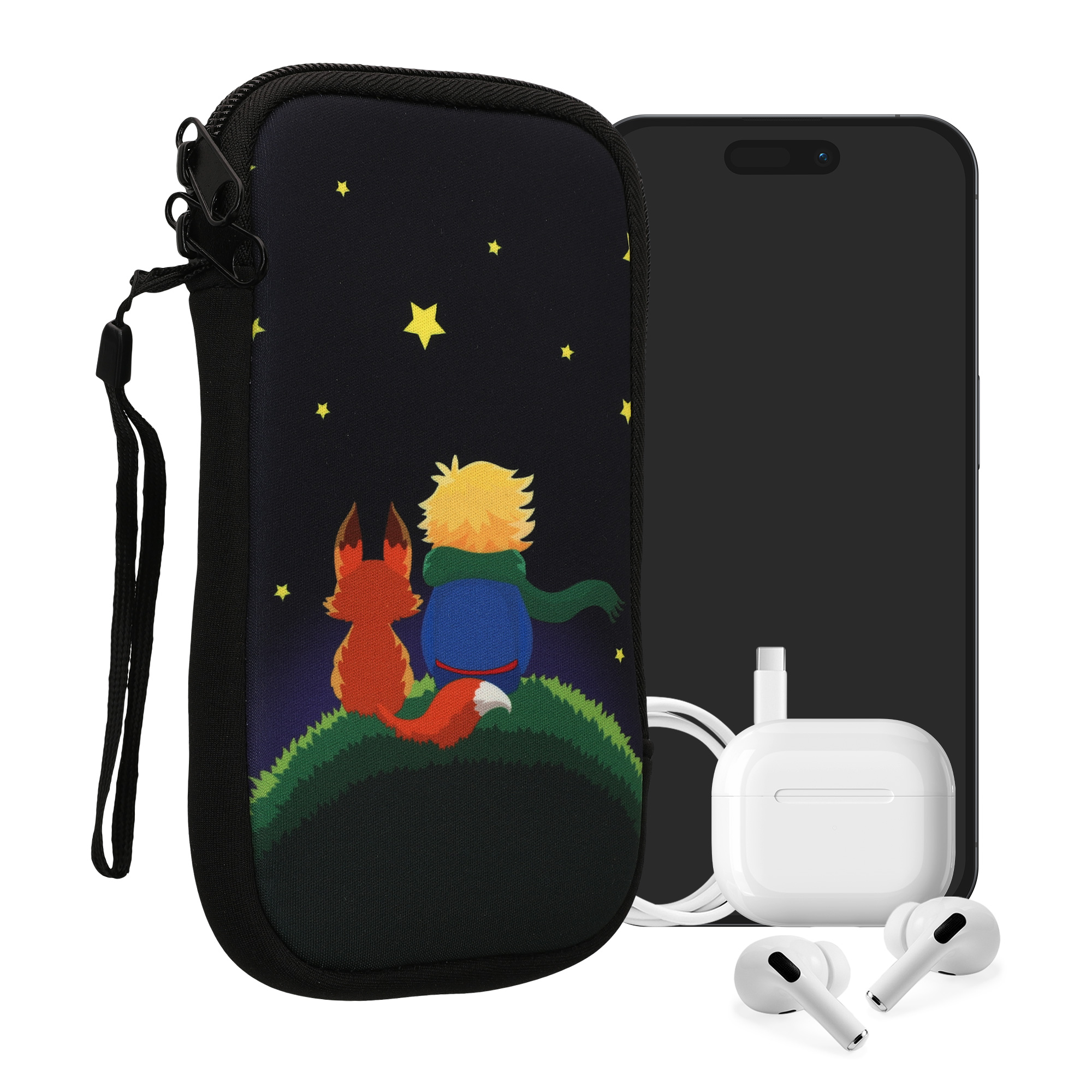 Univerzální pouzdro kwmobile na mobil XL 6,7/6,8" (17,2 x 8,4 cm) - motiv chlapec s liškou, žlutá / hnědá / tmavě modrá
