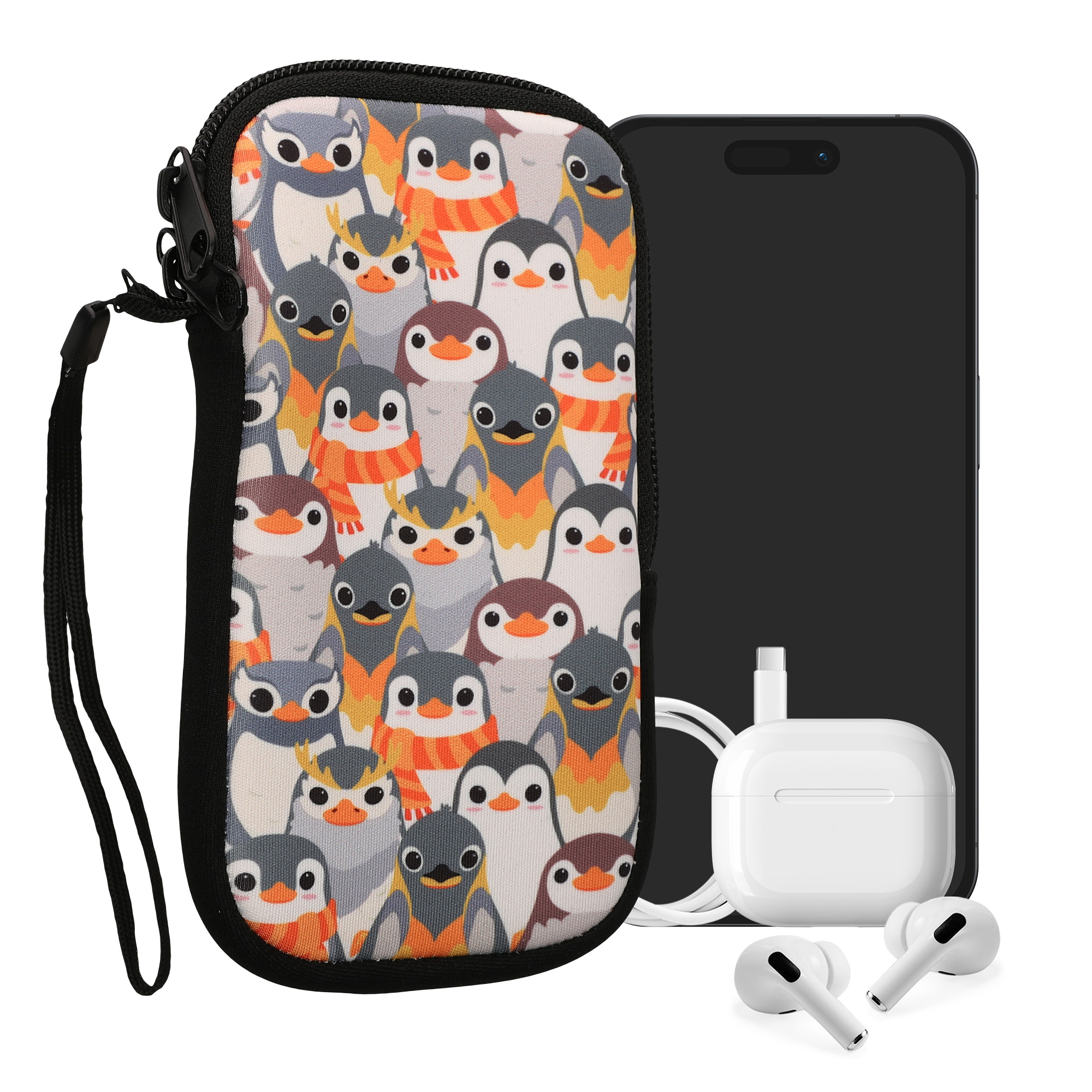Univerzální pouzdro na mobil kwmobile pro Smartphone Size M, motiv Penguins šedá / žlutá / hnědá