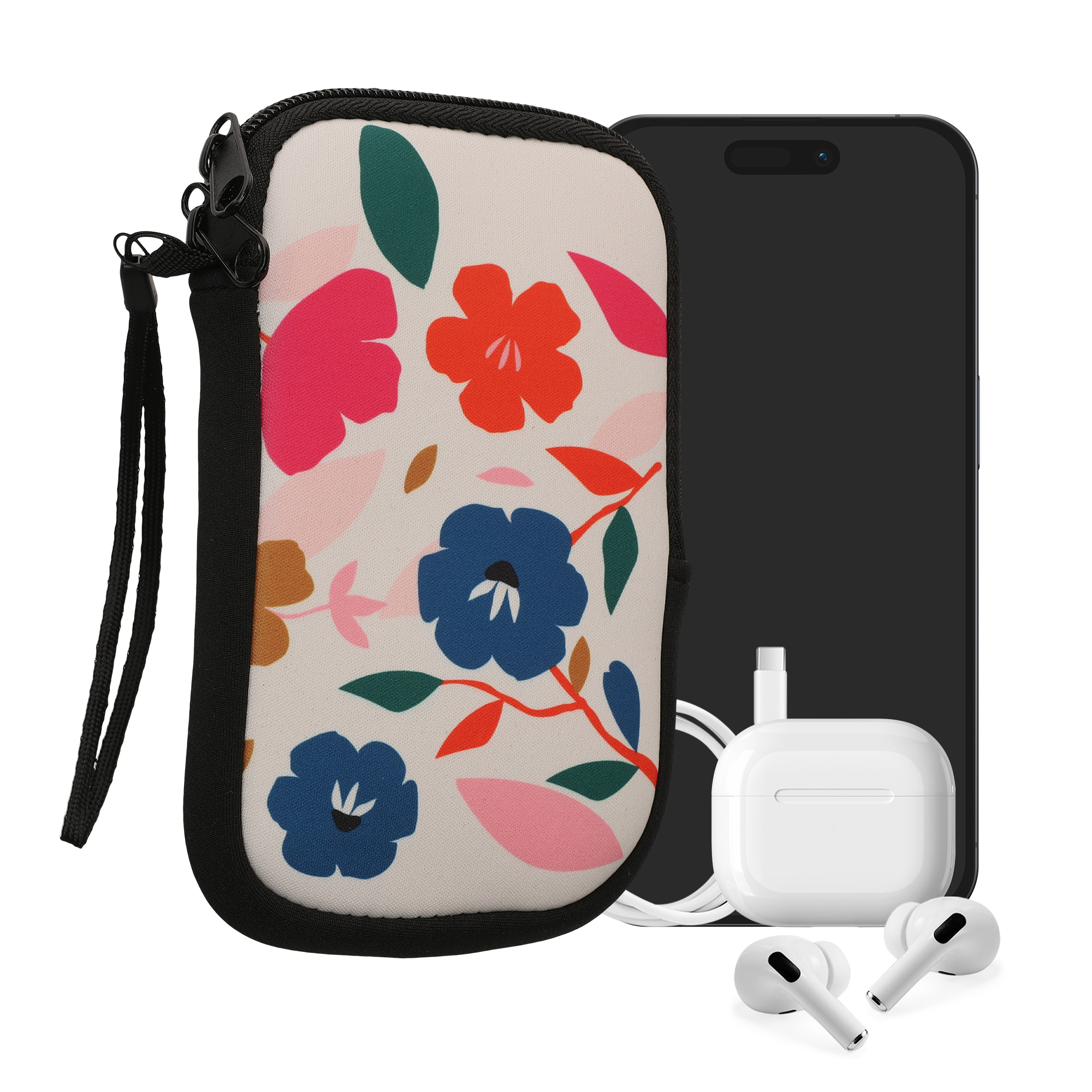 kwmobile univerzální pouzdro na mobil L 6.5", neopren, Colorful Flowers tmavě růžová / tmavě modrá / krémová