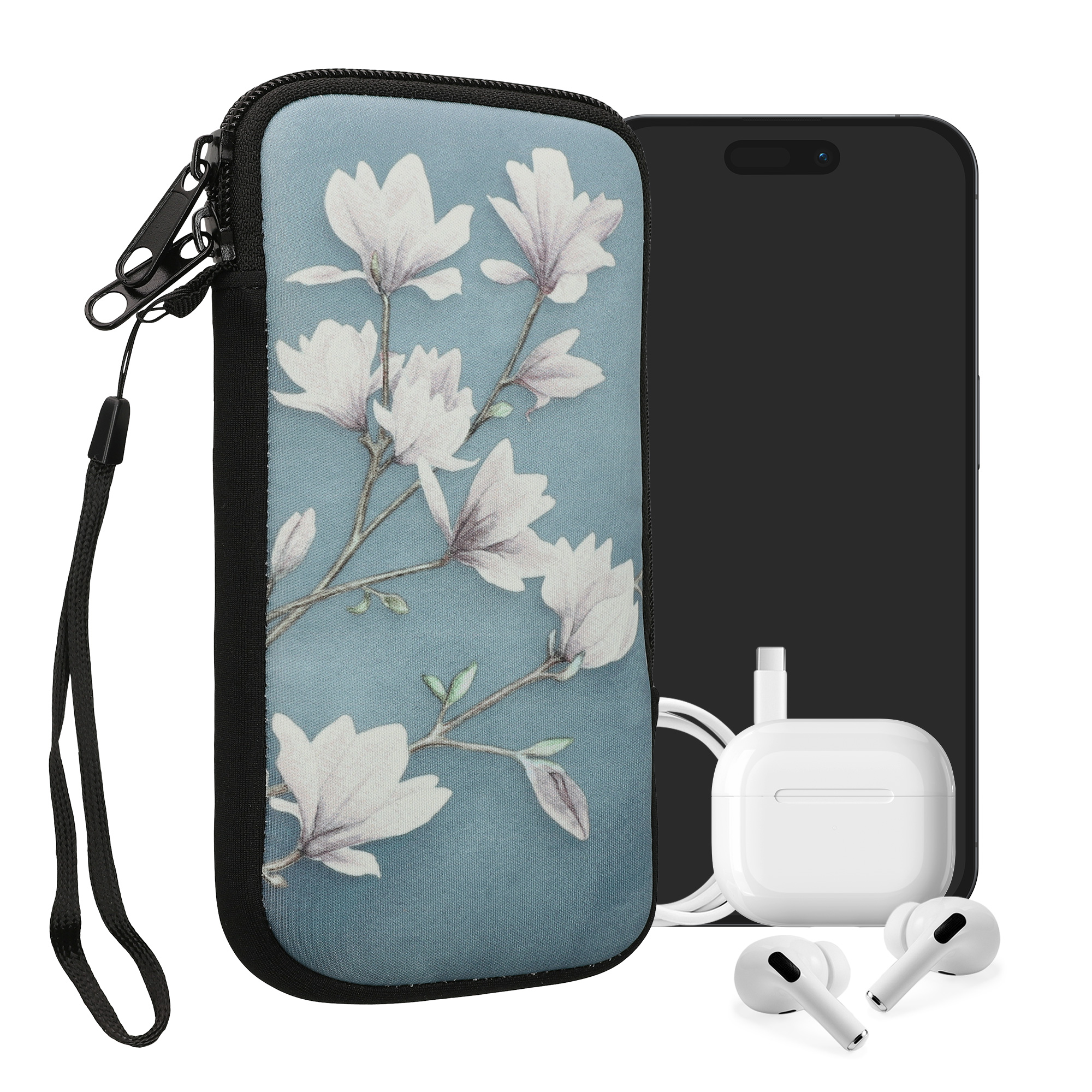 Univerzální pouzdro kwmobile na mobil XXL - 7" - motiv Magnolias - taupe / bílá / modrošedá