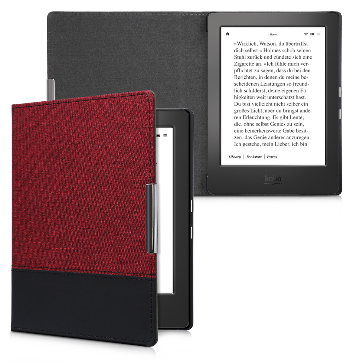 Pu kožené canvas pouzdro na čtečku Kobo Aura H2O Edition 1 tmavě červeno-černé