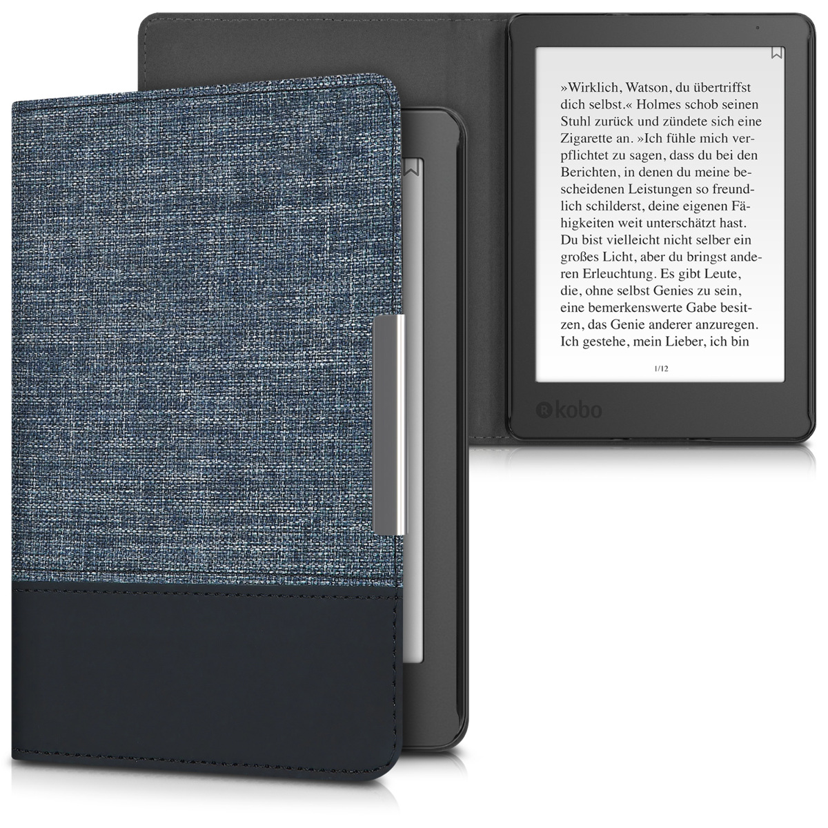 Pu kožené canvas pouzdro na čtečku Kobo Aura Edition 2 tmavě modré se stojánkem
