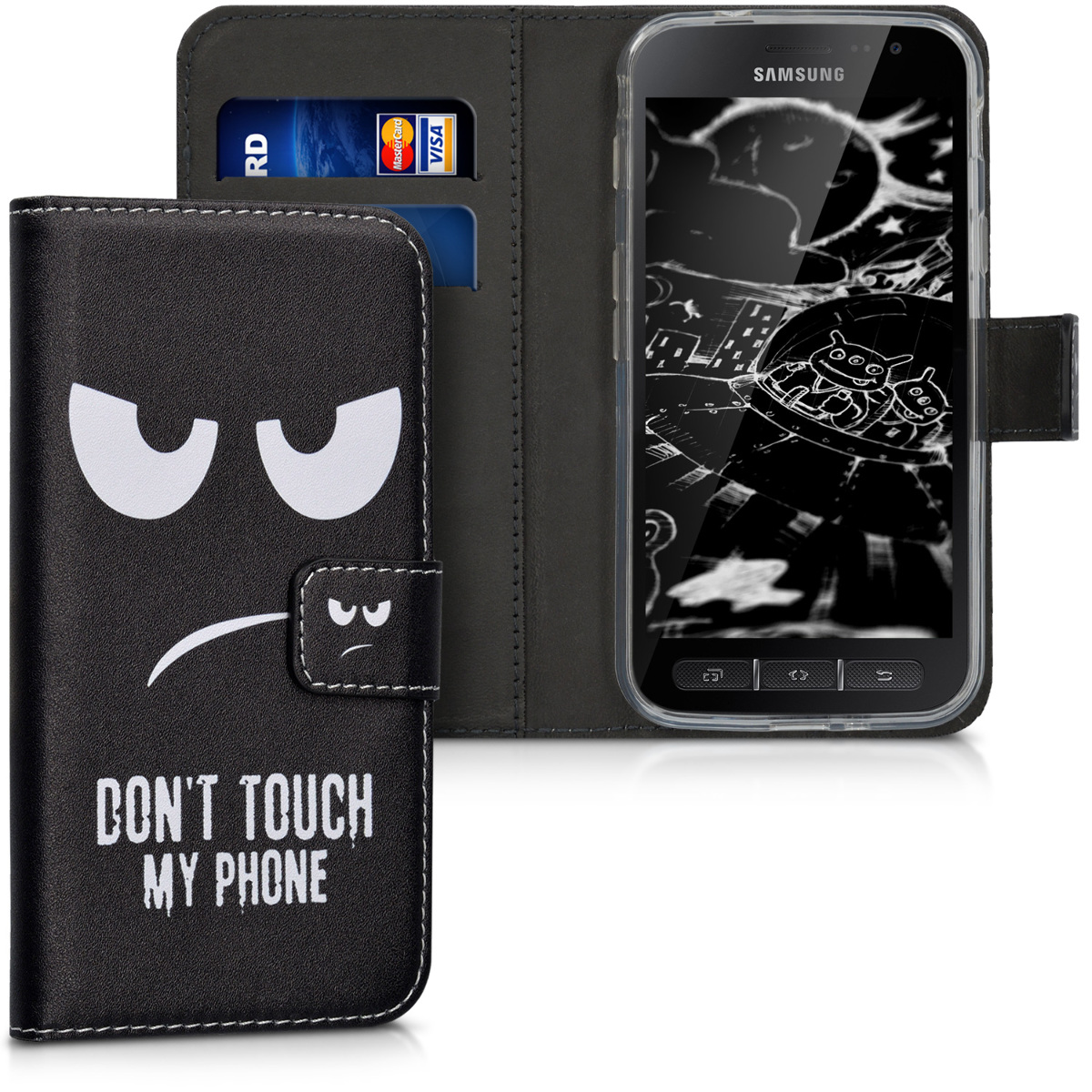 Flip pouzdro na mobil Galaxy Xcover 4 / 4S kwmobile peněženkové motiv Don't Touch My Phone bílý