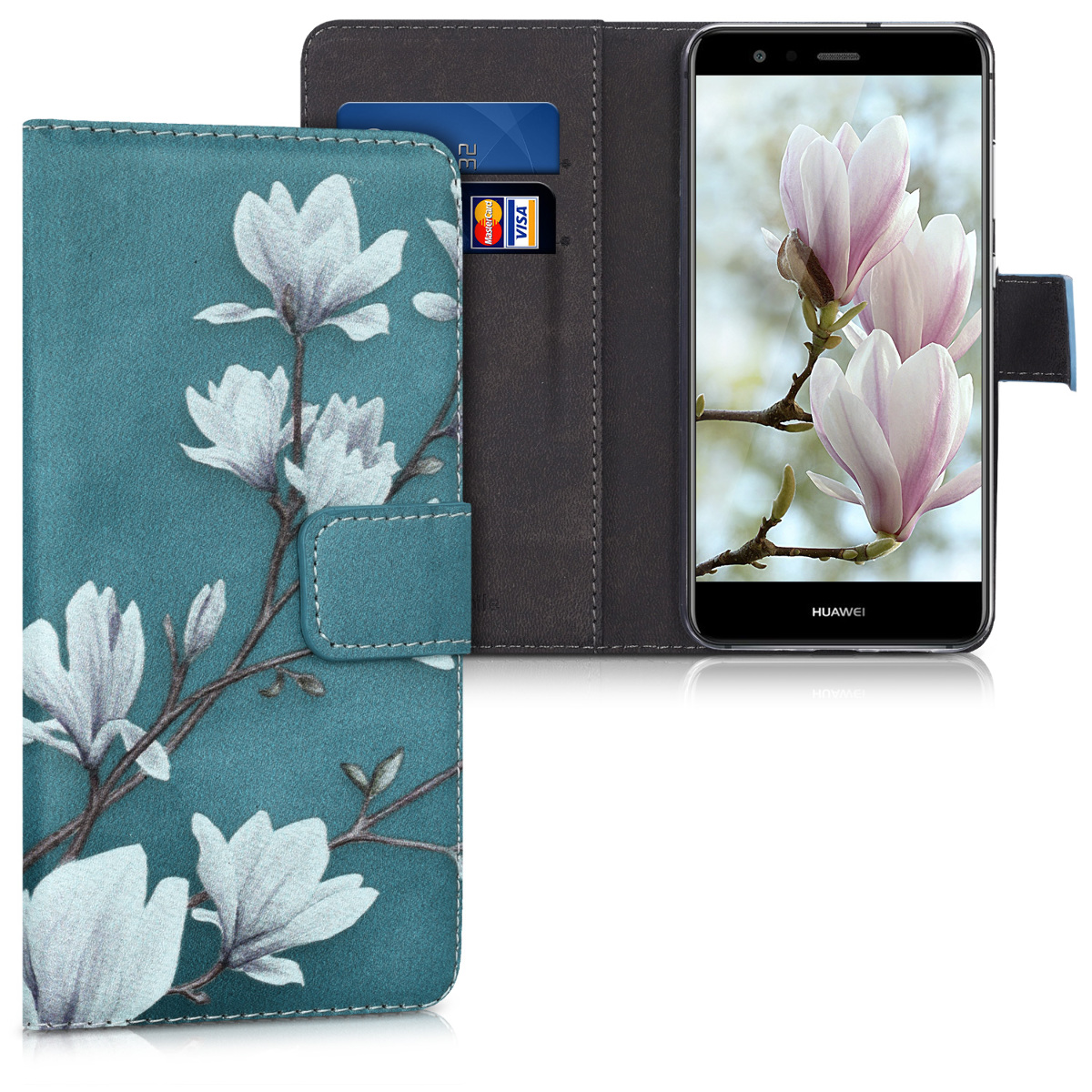 Flipové pouzdro kwmobile pro Huawei P10 Lite, motiv magnólie, taupe / bílá / modrošedá