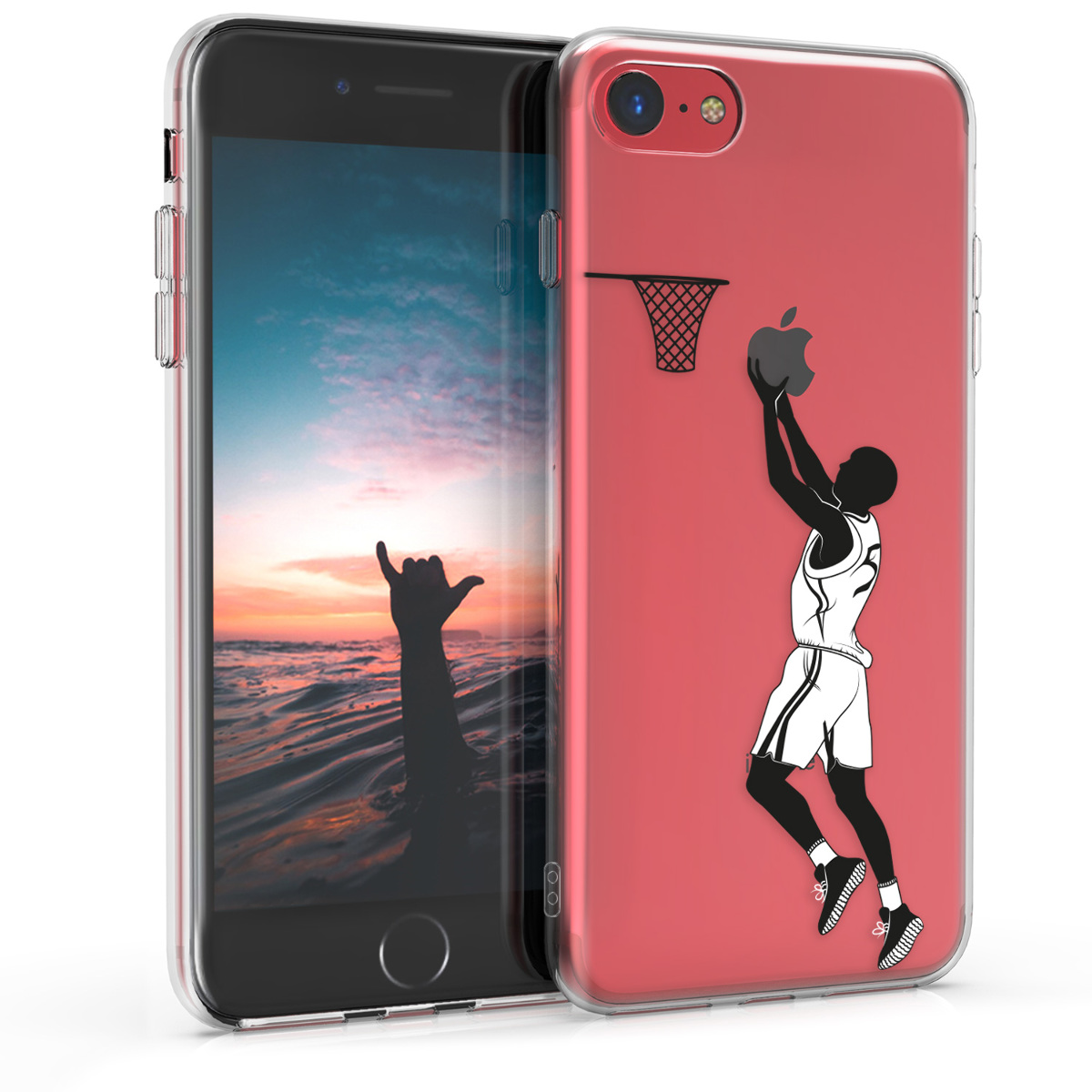 Transparentní TPU kryt kwmobile pro iPhone SE 2022/2020/8/7 - basketbalista černý / bílý / transparentní