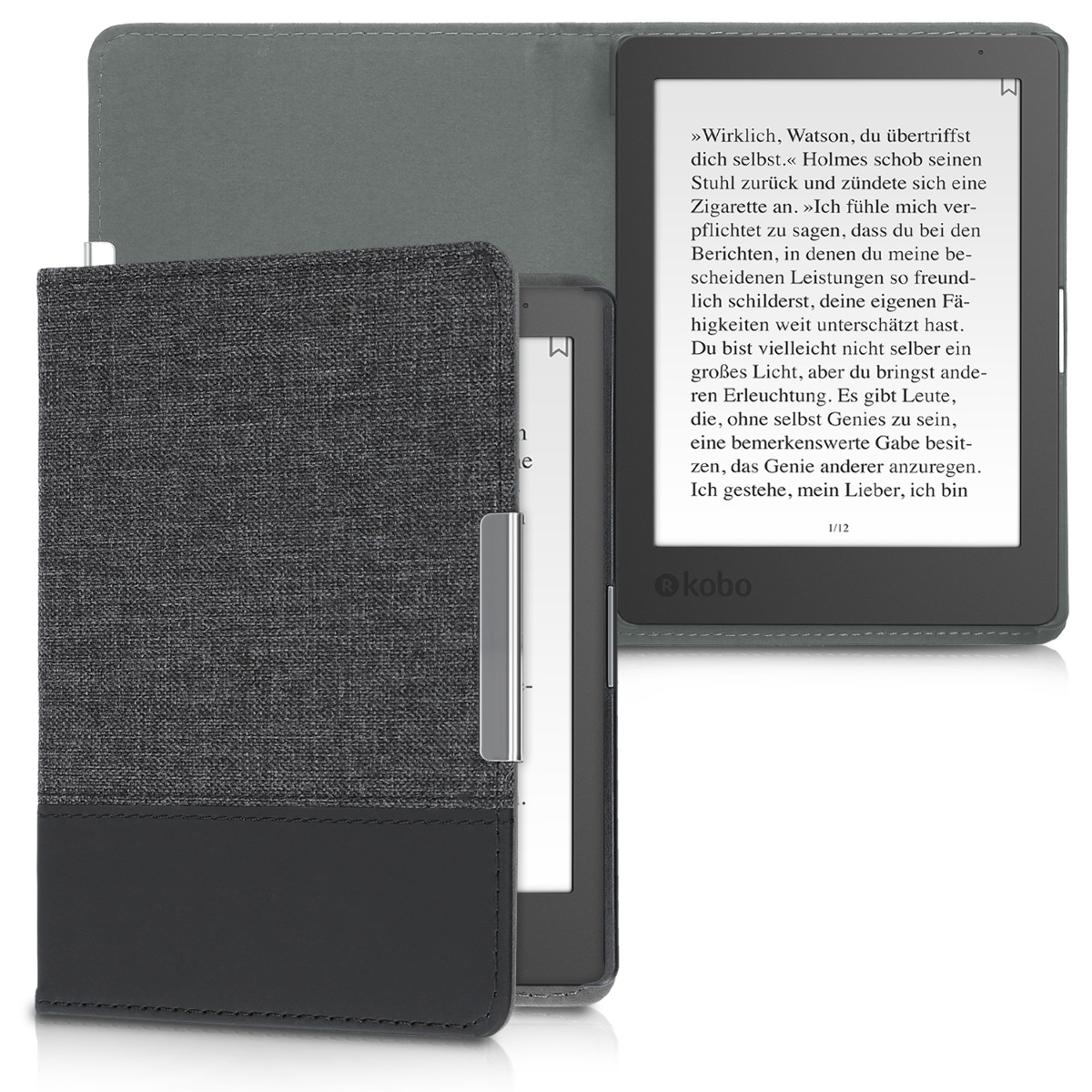 Pu kožené canvas pouzdro na čtečku Kobo Aura Edition 1 antracitovo-černé se stojánkem