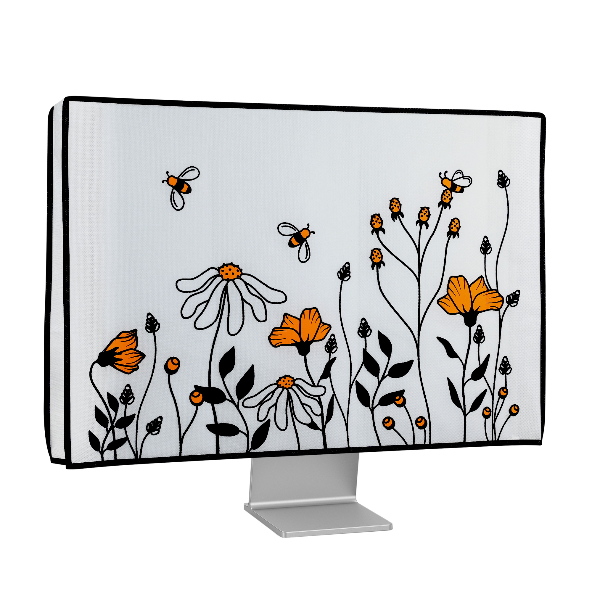 Kryt na monitor počítače pro 20-22" monitor kwmobile - motiv včely a květiny černá / oranžová / bílá