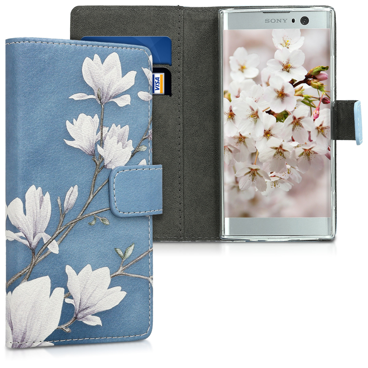 Flipové pouzdro kwmobile - Sony Xperia XA2 - motiv magnólie - taupe / bílá / modrošedá