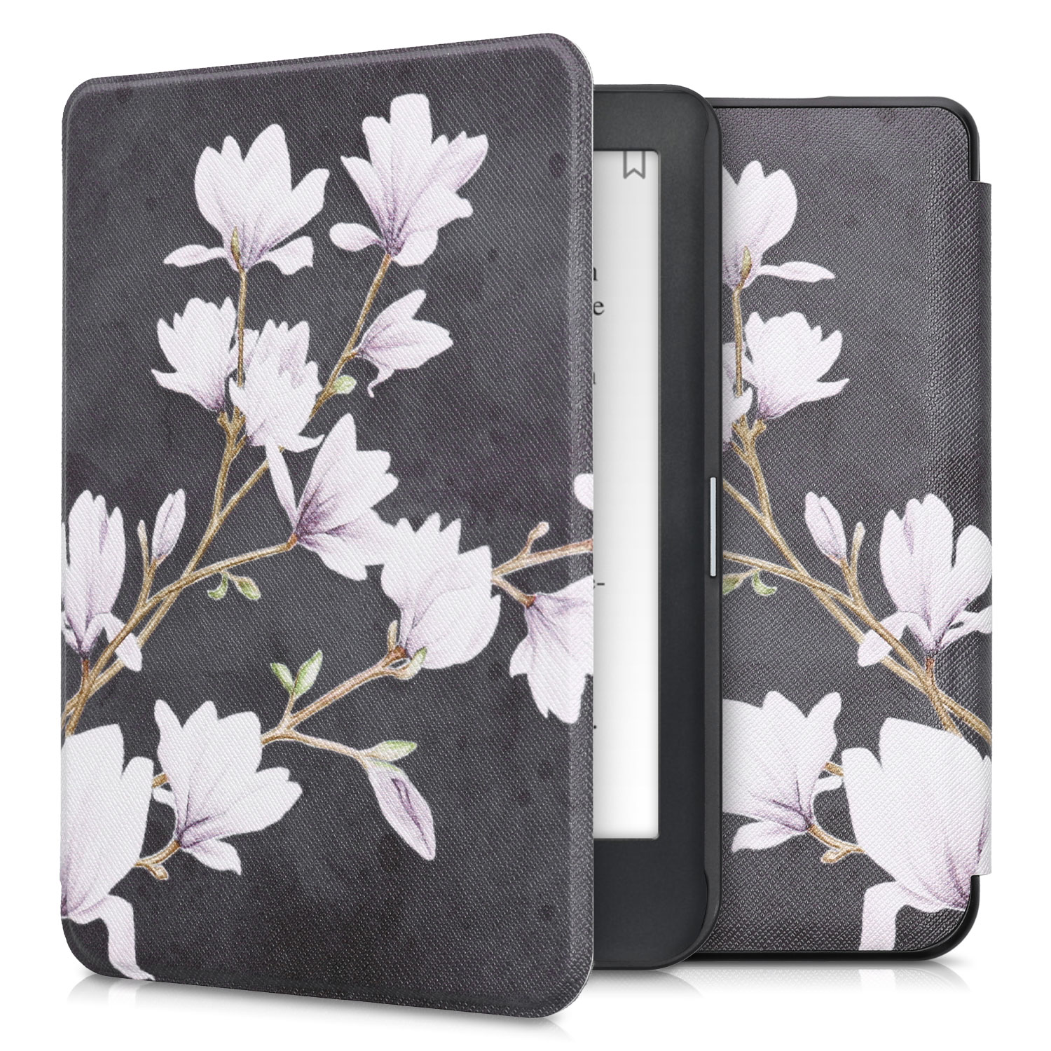 Flip pouzdro na čtečku s magnetem Kobo Clara HD Magnolias taupe-bílo-tmavě šedý se stojánkem