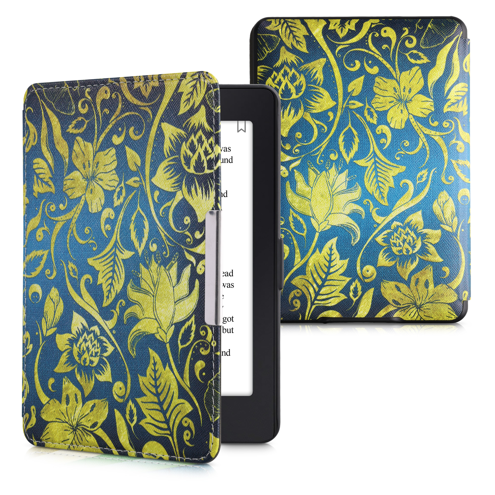 Pouzdro na čtečku kwmobile Kindle Paperwhite - Vintage zlatá Flowers - žlutá / modrá / tmavě modrá