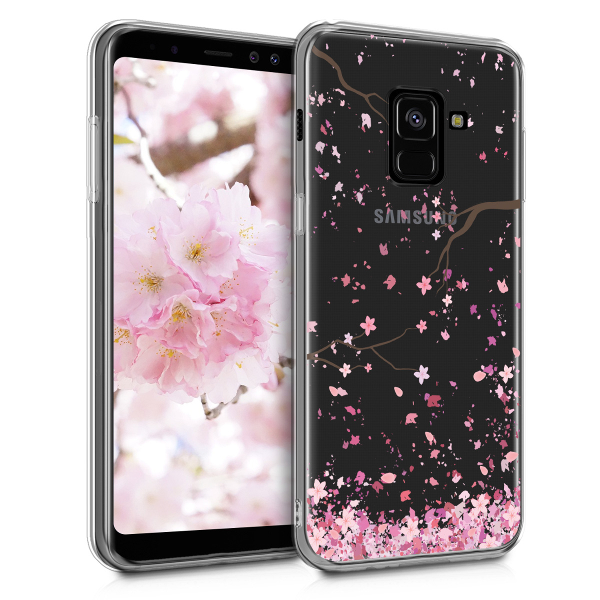 Čirý kryt na mobil Samsung Galaxy A8 (2018) kwmobile Cherry Blossoms růžovo-tmavě hnědo-transparentní