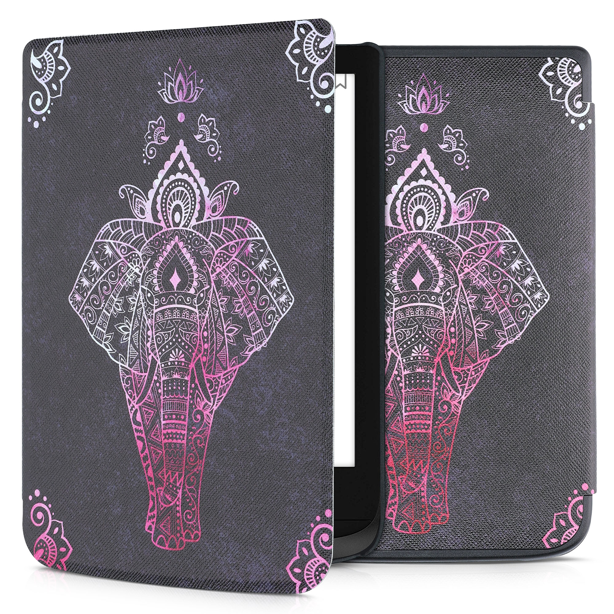 Pouzdro na čtečku Pocketbook Touch Lux 4/5/Touch HD 3/Color (2020)/ Vivlio Lux 5 kwmobile - elephant sketch with dark pink/antracitová