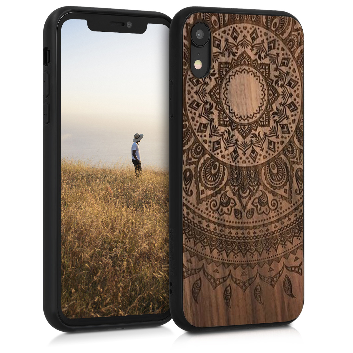 Dřevěný kryt na mobil kwmobile pro Apple iPhone XR - tmavě hnědá