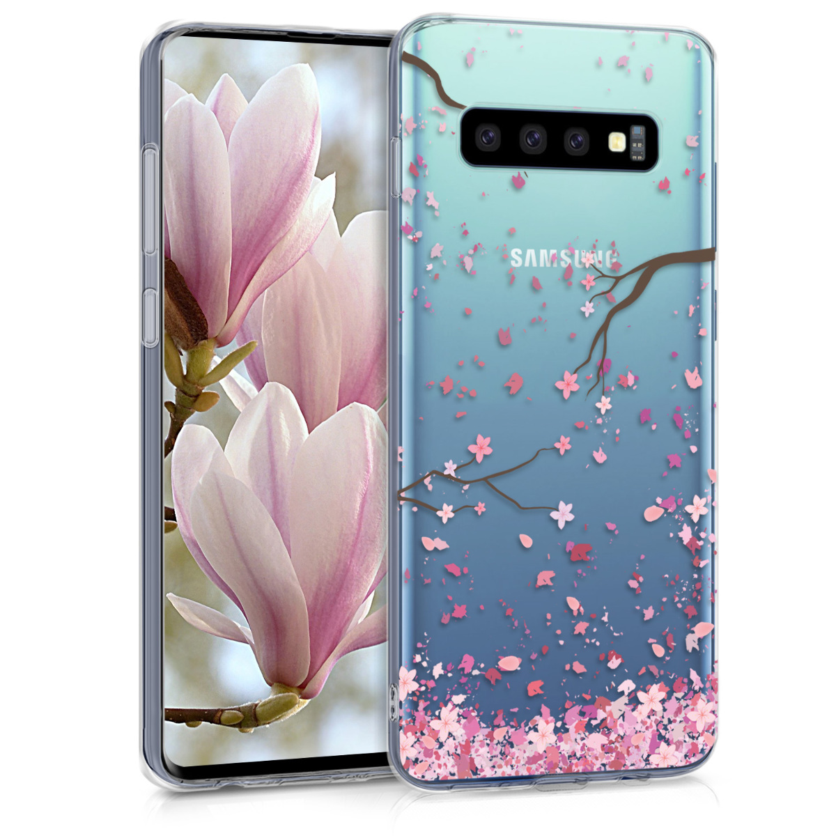 Čirý kryt na mobil Samsung Galaxy S10 kwmobile Cherry Blossoms růžovo-tmavě hnědo-transparentní