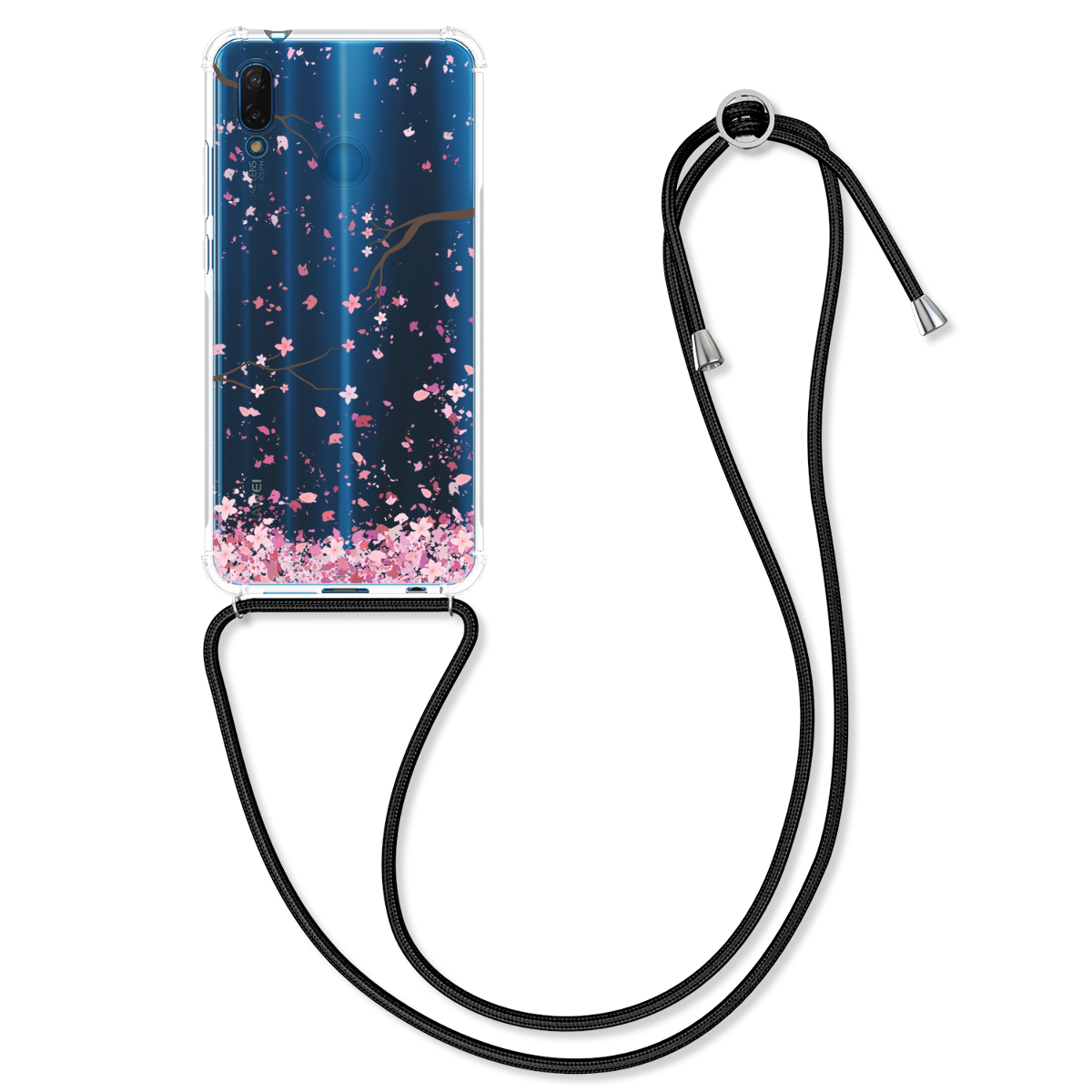 Crossbody kryt kwmobile Huawei P20 Lite, růžové květy / tmavě hnědá / transparentní