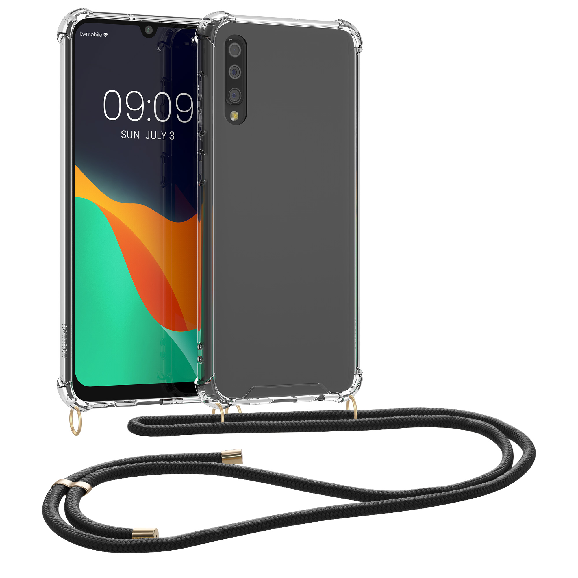 Crossbody kryt na mobil Samsung Galaxy A50 kwmobile se šňůrkou Transparentní / čern
