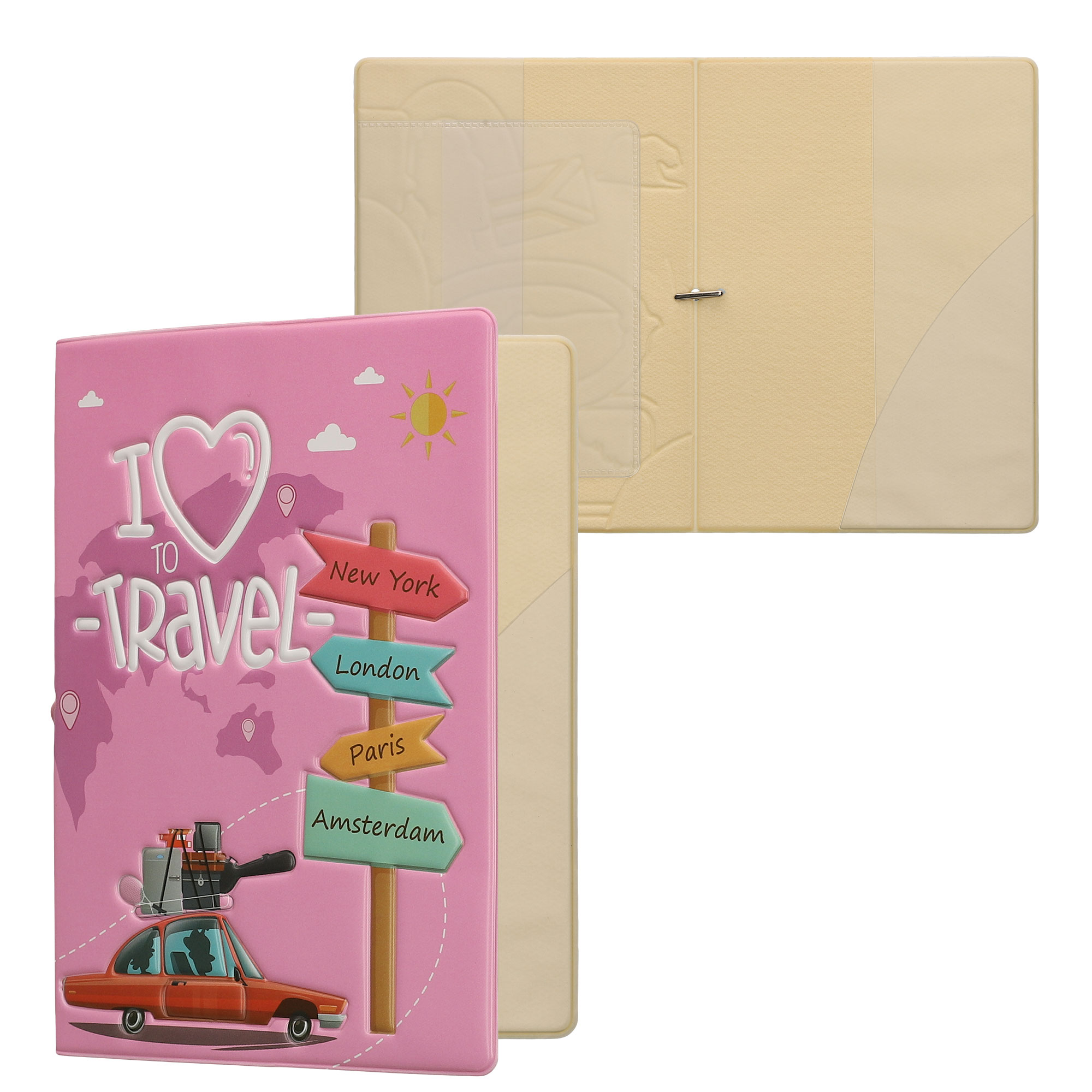 Plastové pouzdro na cestovní pas s přihrádkou na kartu kwmobile kapsa na kartu motiv I Love Travel - bílá / zelená / světle růžová