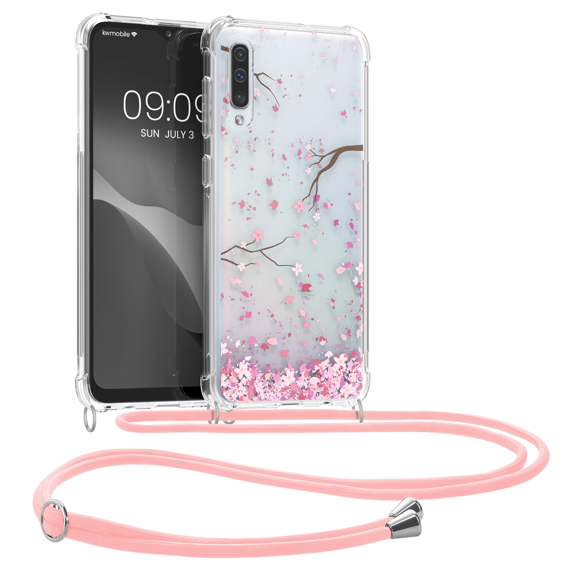 Crossbody kryt na mobil Samsung Galaxy A50 kwmobile se šňůrkou Cherry Blossoms - rů