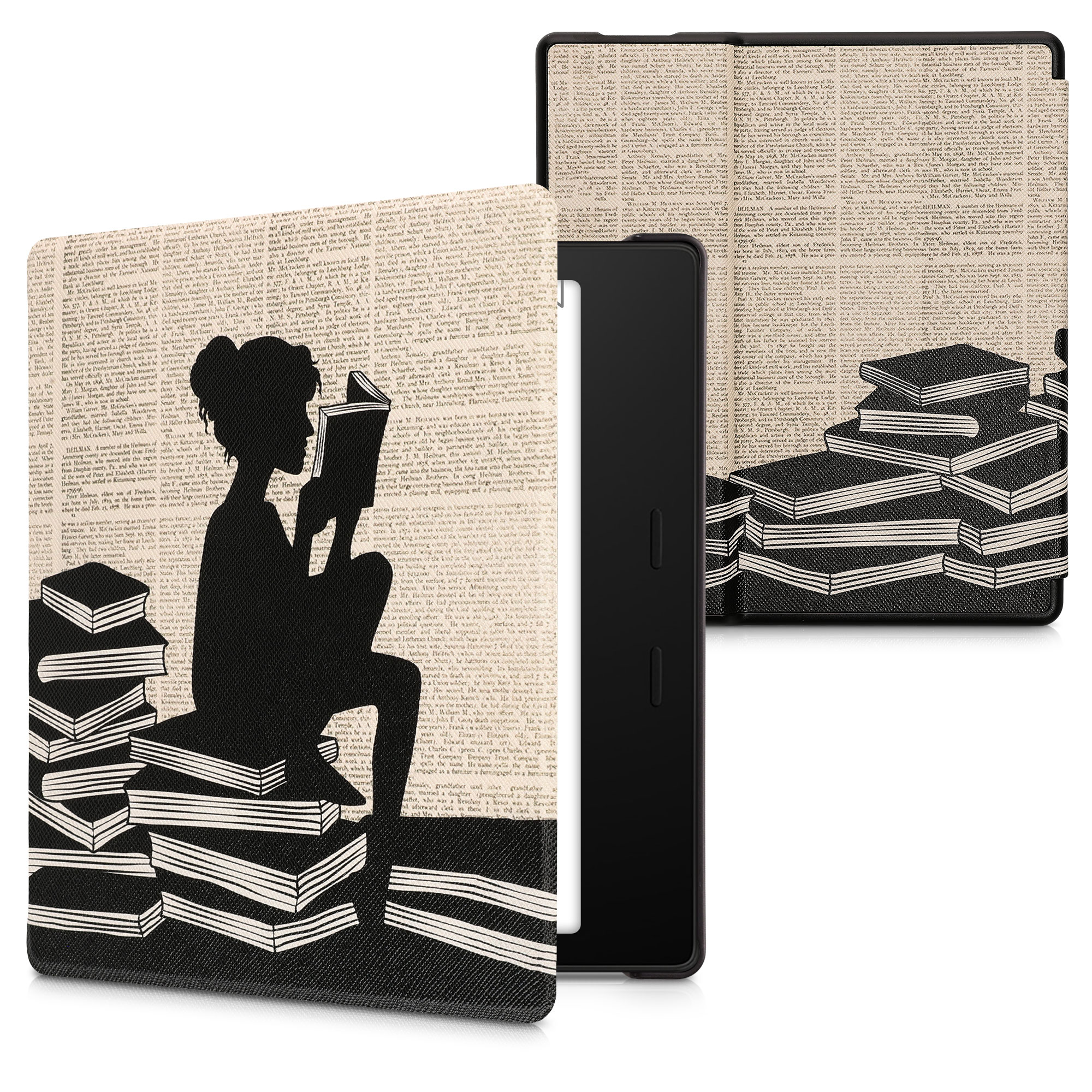 Pouzdro na čtečku kwmobile pro Amazon Kindle Oasis 10. Generation - motiv dívka a knihy černá / béžová