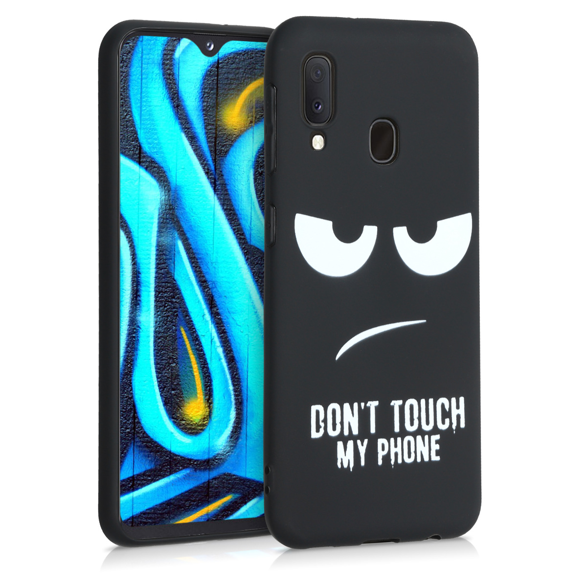 Kryt na mobil Samsung Galaxy A20e kwmobile Motiv Don't Touch My Phone bílo-černý