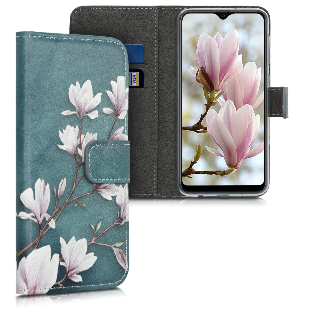 Flip pouzdro na mobil Samsung Galaxy A10 kwmobile Magnolias taupe-bílo-modrošedý