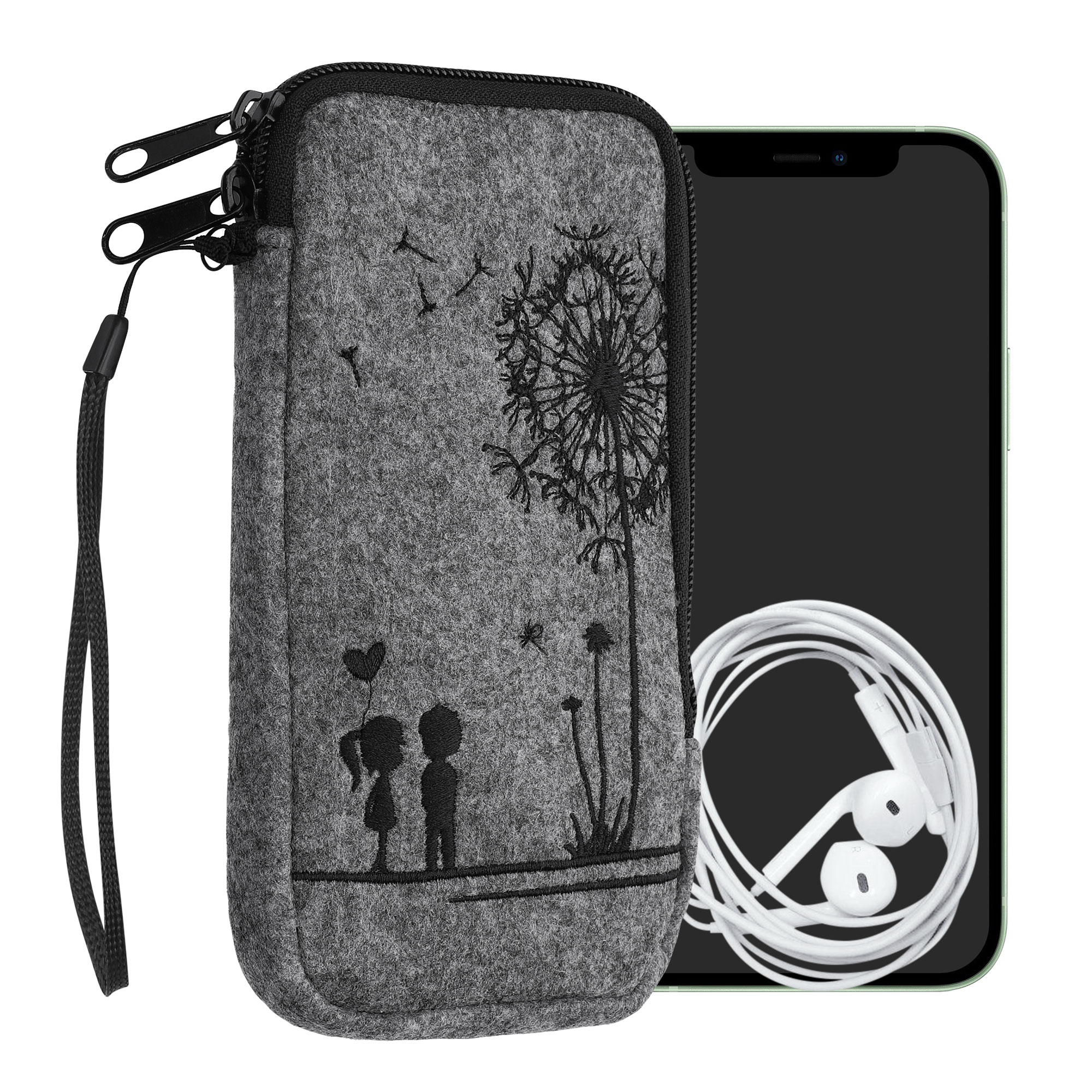 Univerzální pouzdro na mobil kwmobile - XL - 17,2 x 8,4 cm (6.7/6.8") - motiv pampeliška Love - černá / světle šedá