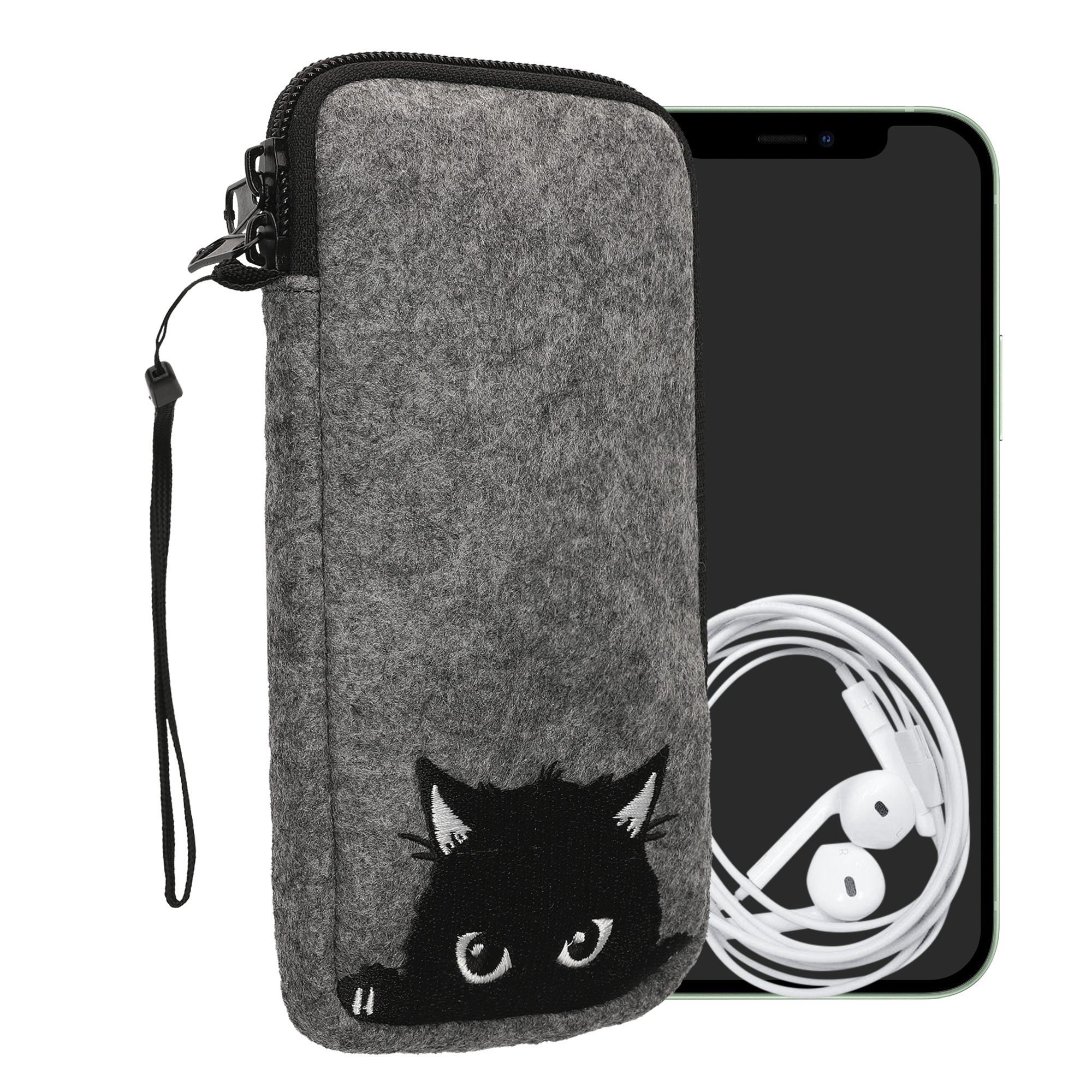 Univerzální pouzdro kwmobile na mobil XXL - 7" - motiv Curious Cat - šedá / černá