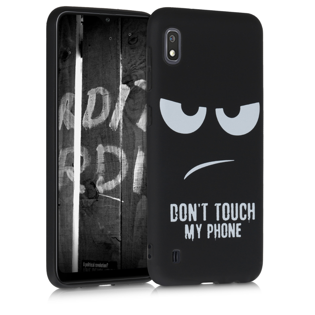 Kryt na mobil Samsung Galaxy A10 kwmobile Motiv Don't Touch My Phone bílo-černý