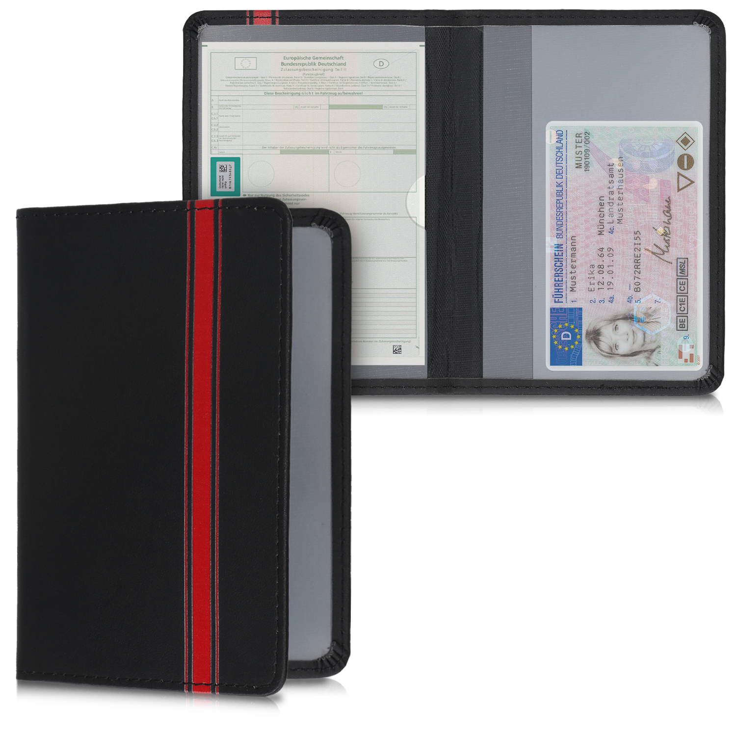 Obal na doklady od auta kwmobile 12 x 17,5 cm / 9,2 x 13 cm PU kůže motiv rally stripe - červeno-černá