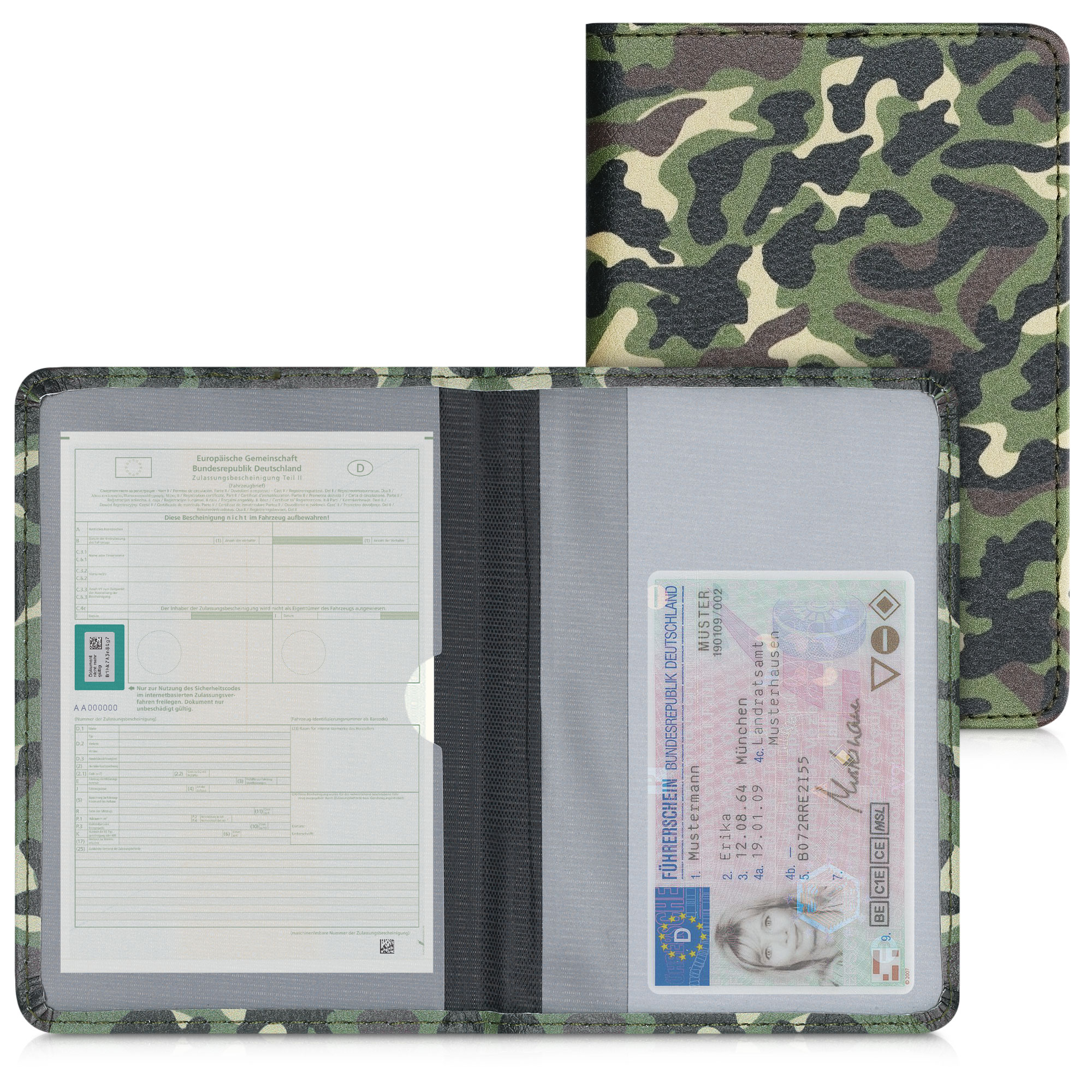 Obal na doklady od auta kwmobile 12 x 17,5 cm / 9,2 x 13 cm PU kůže motiv camouflage - tmavě zelená/tmavě hnědá/béžová