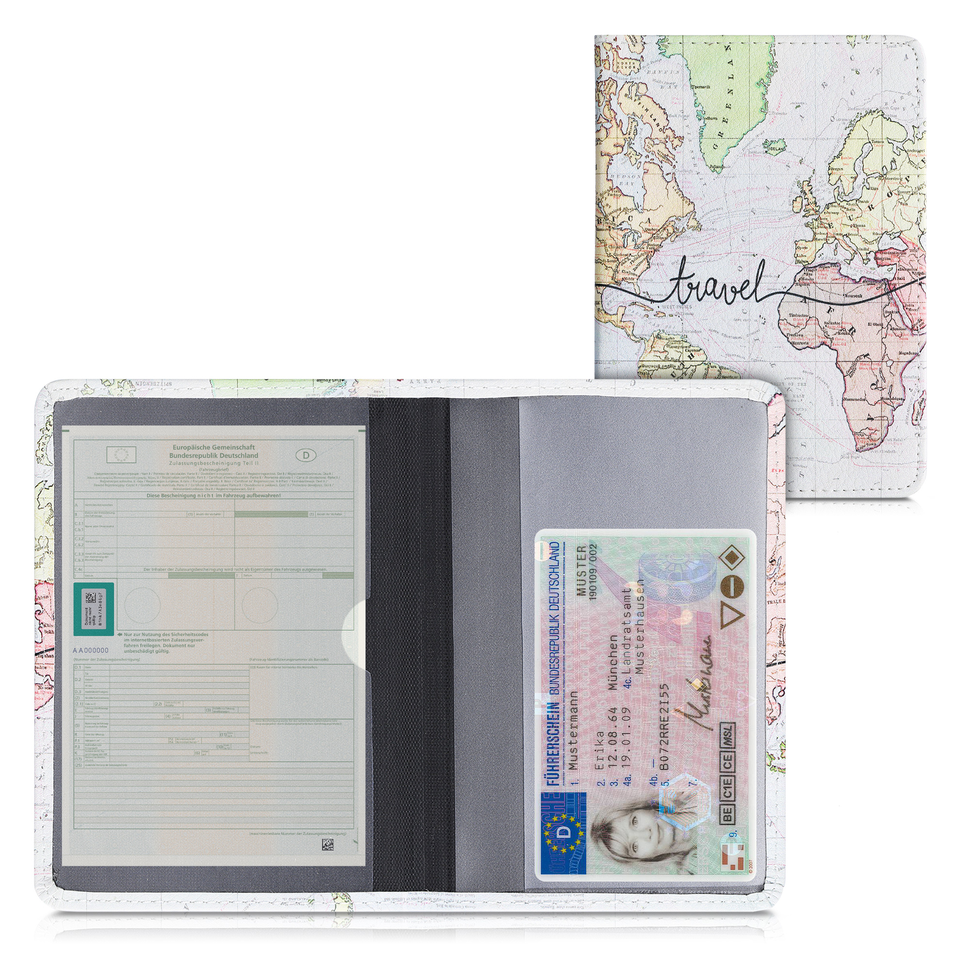 Obal na doklady od auta kwmobile PU kůže - 12 × 17,5 cm otevřené / 9,2 × 13 cm složené - černá / vícebarevná