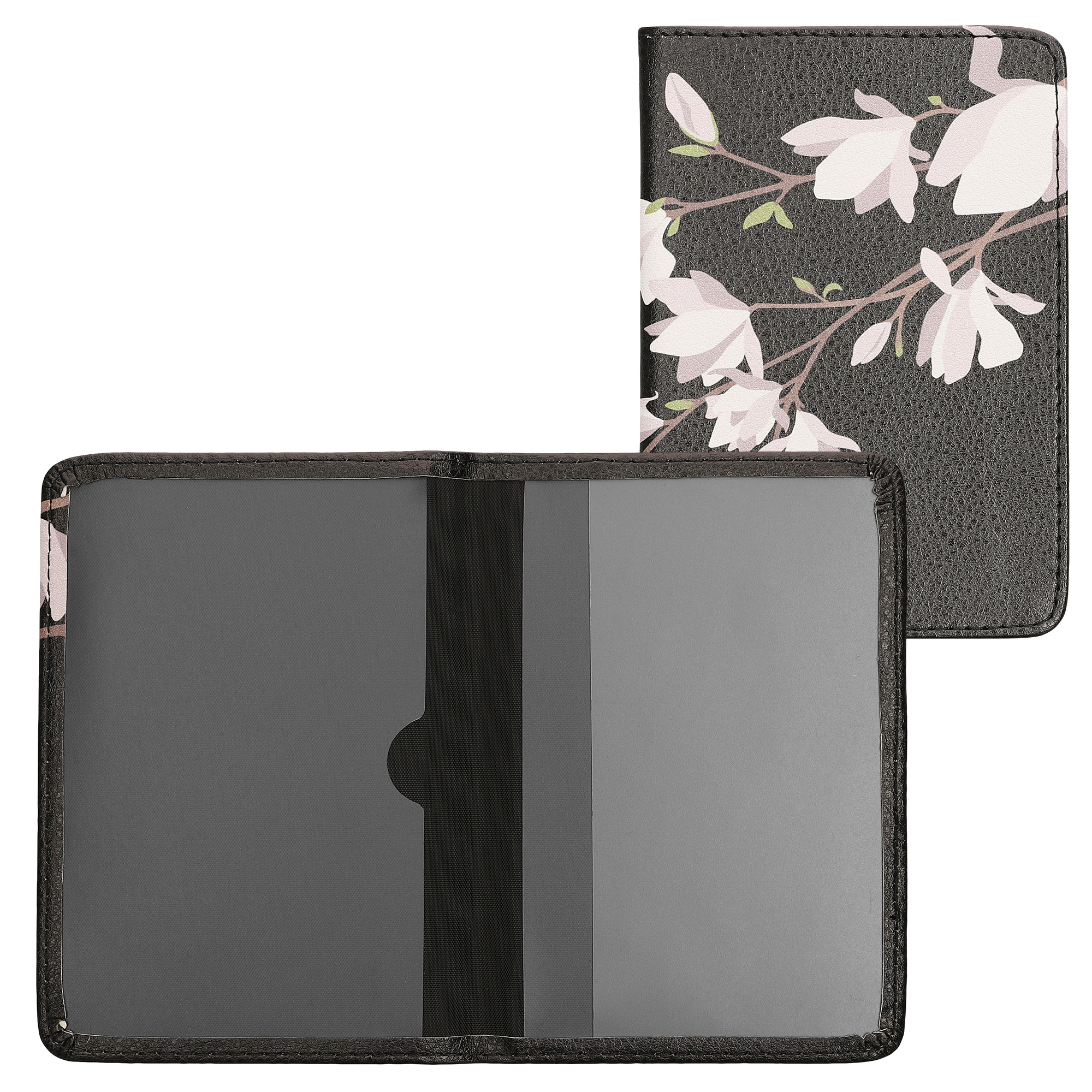 Obal na doklady od auta kwmobile 12 x 17,5 cm / 9,2 x 13 cm PU kůže motiv magnolias - taupe/hnědá/černá
