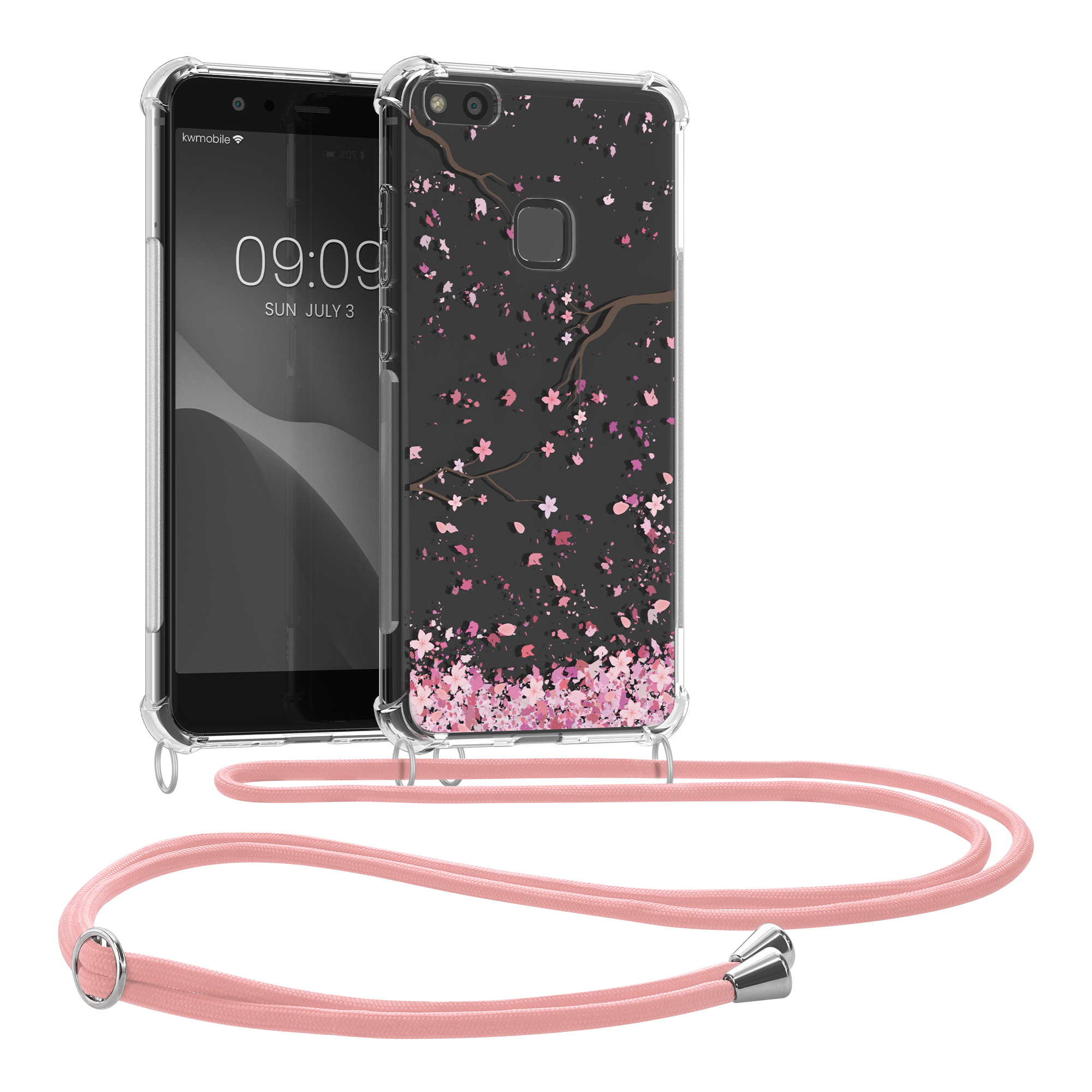 Crossbody kryt kwmobile pro Huawei P10 Lite, motiv třešňové květy, růžová / tmavě hnědá / transparentní