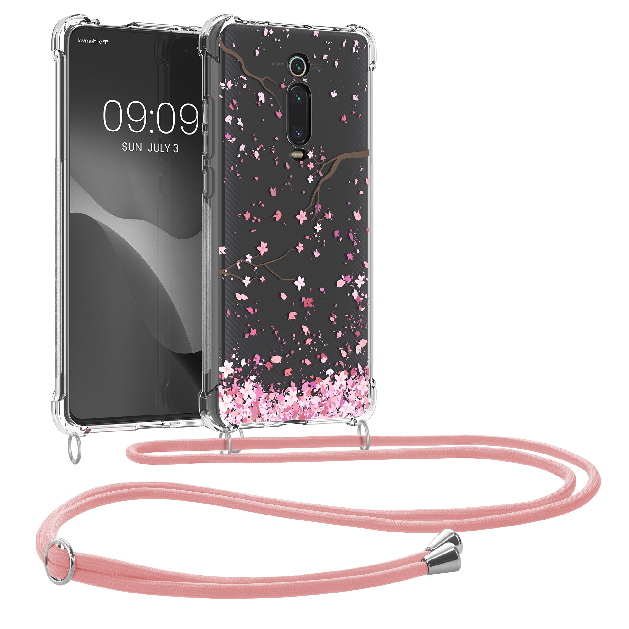 Crossbody kryt kwmobile Xiaomi Mi 9T (Pro) / Redmi K20 (Pro), růžové třešňové květy / Dark Brown / transparentní