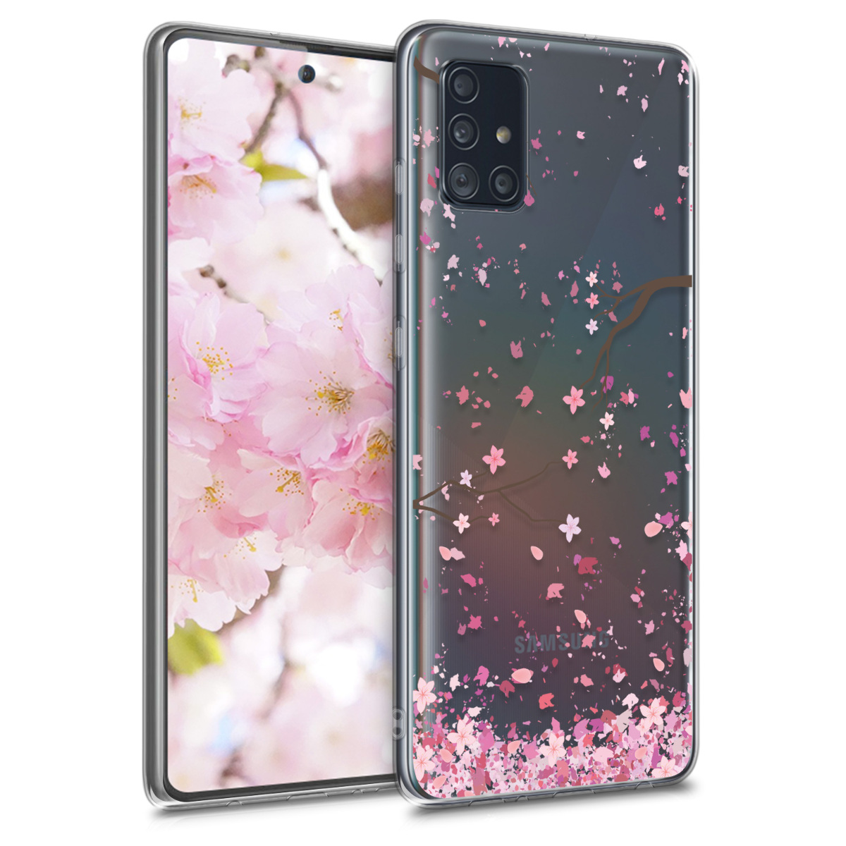 Průhledný kryt na mobil Samsung Galaxy A51 kwmobile motiv Cherry Blossoms Cherry Blossoms - růžová / tmavě hnědá / transparentní