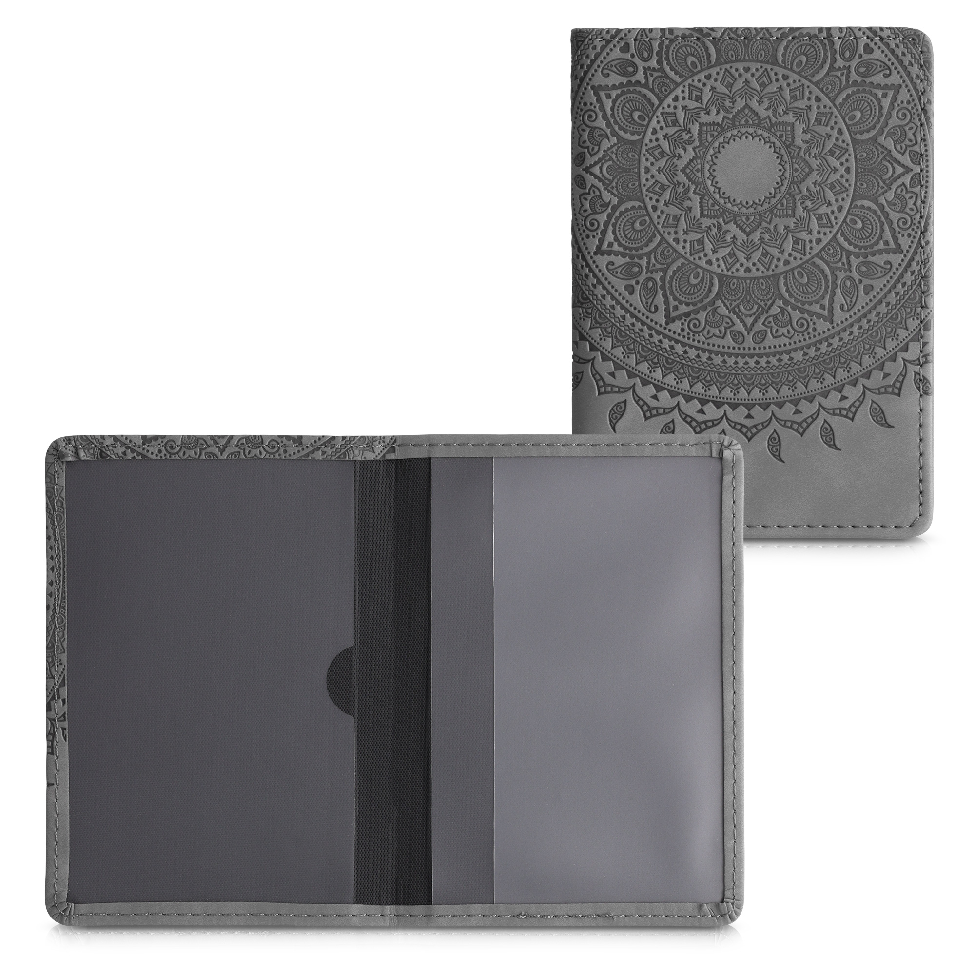 Obal na doklady od auta kwmobile 12 x 17,5 cm / 9,2 x 13 cm PU kůže motiv Indian sun - šedá