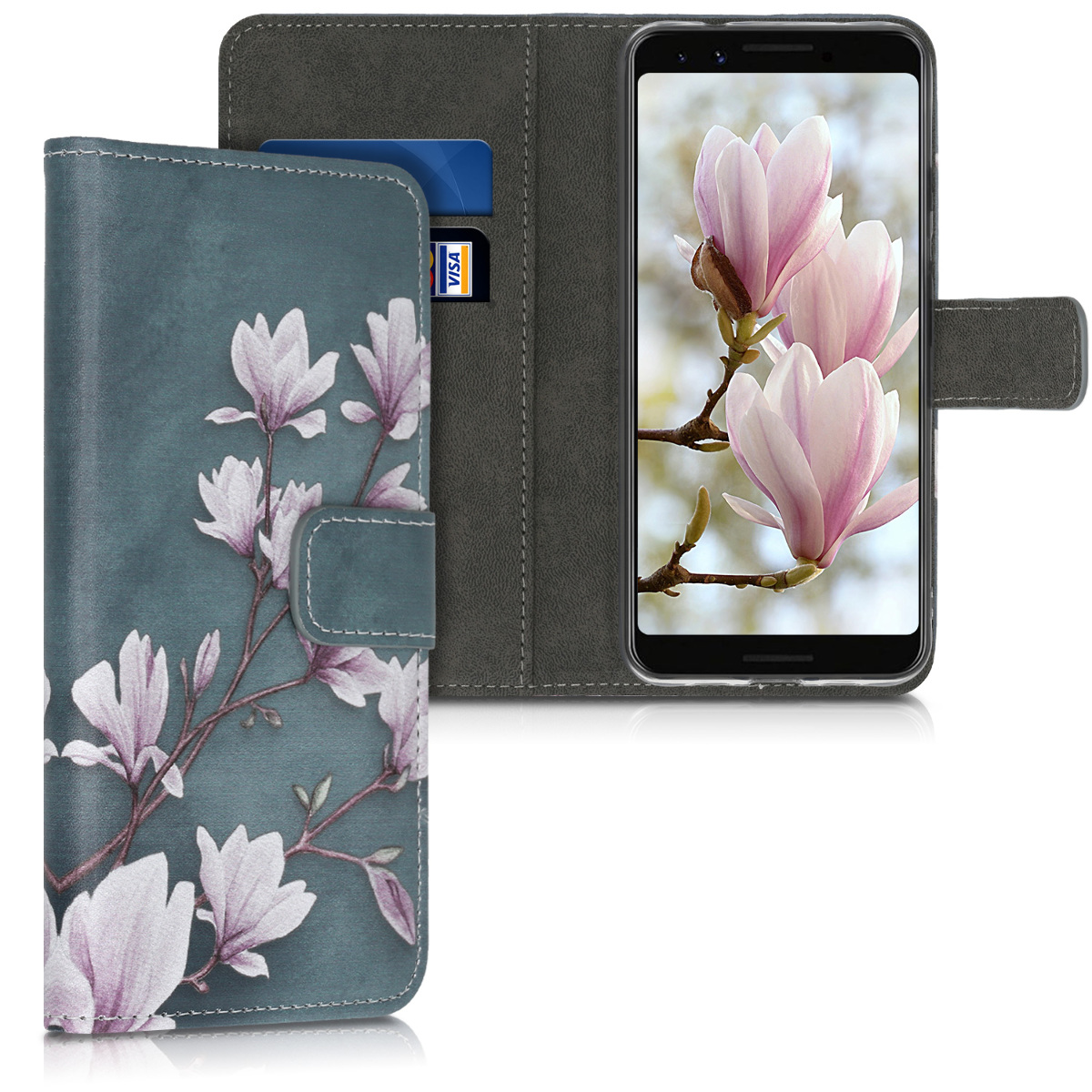 Flipové pouzdro kwmobile pro Google Pixel 3a - magnólie taupe / bílá / modrošedá