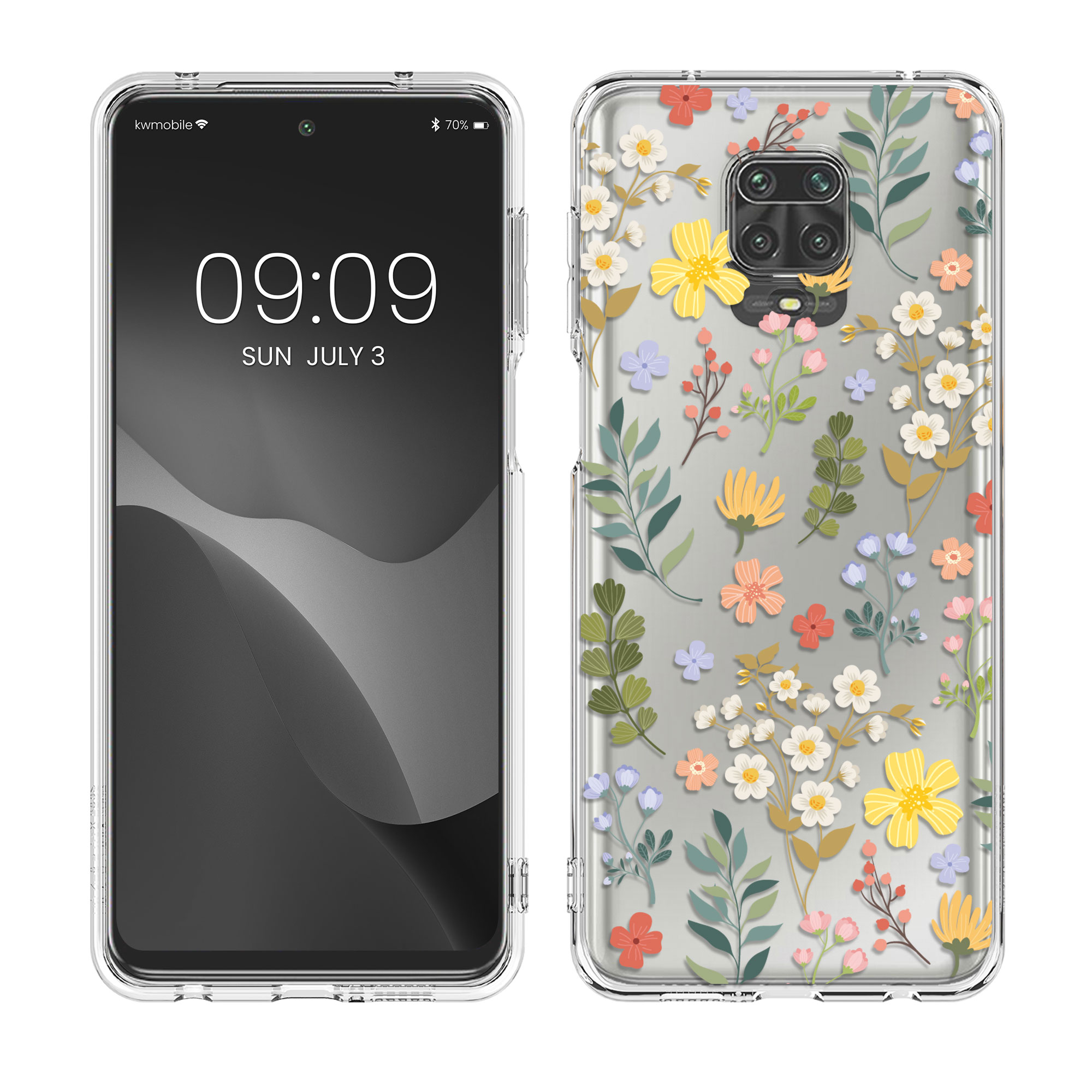 Transparentní TPU kryt kwmobile pro Xiaomi Redmi Note 9S / 9 Pro / 9 Pro Max - žluté květy / zelená / transparentní