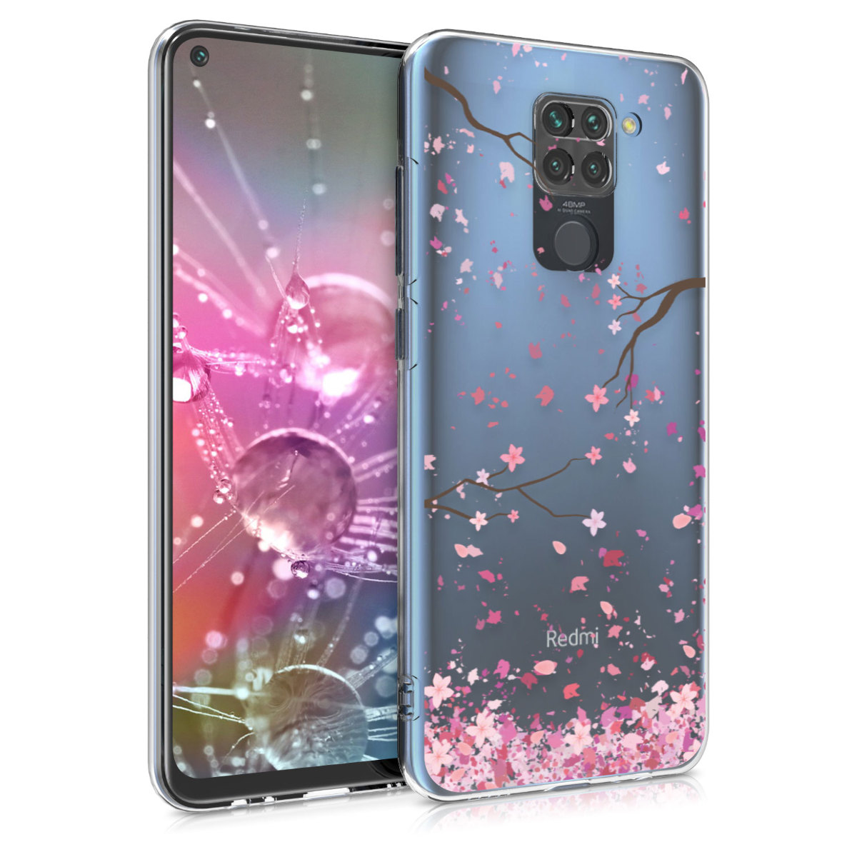 Transparentní TPU kryt kwmobile pro Xiaomi Redmi Note 9 - růžové květy / tmavě hnědá / transparentní