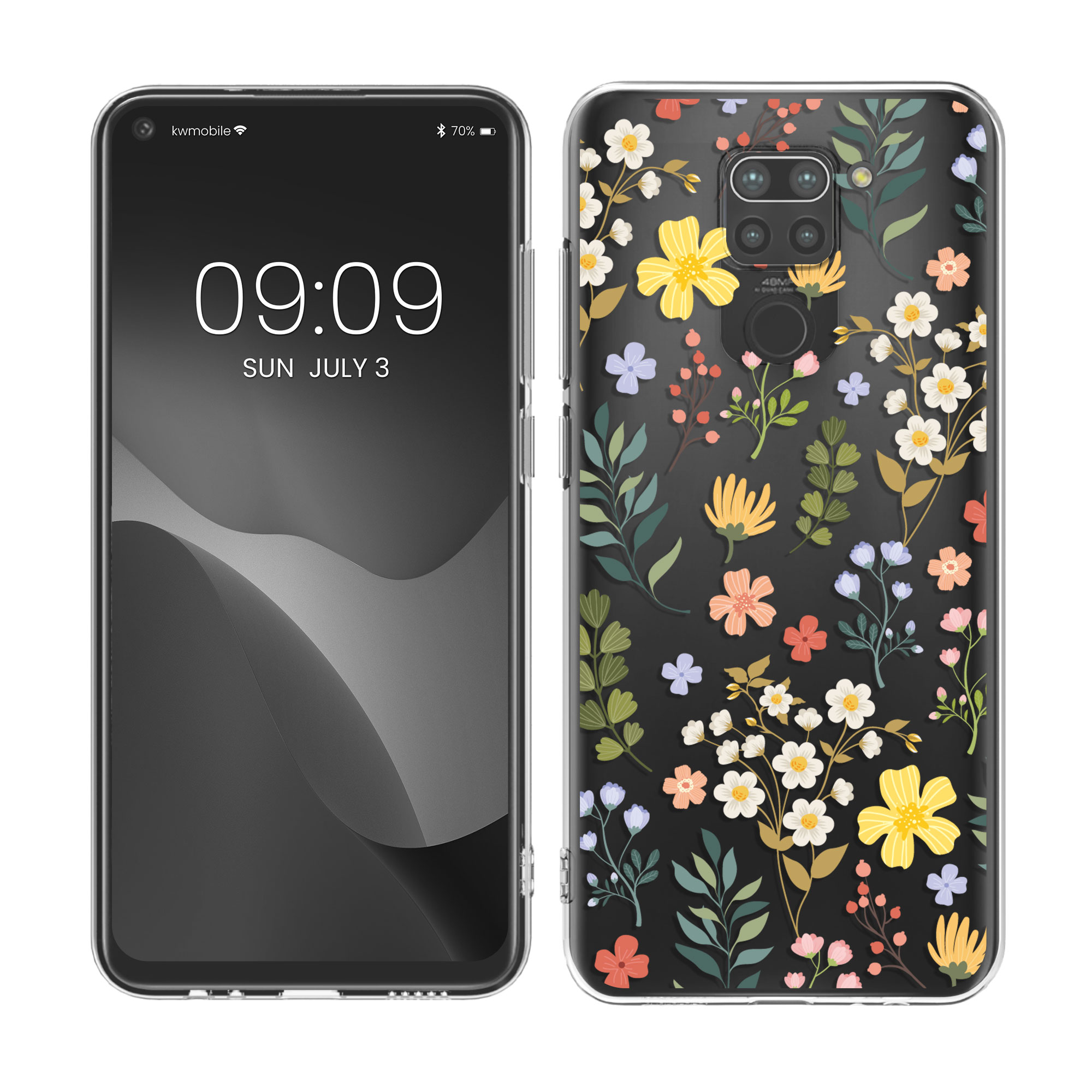 Transparentní TPU kryt kwmobile pro Xiaomi Redmi Note 9 - žluté květy / zelená / transparentní