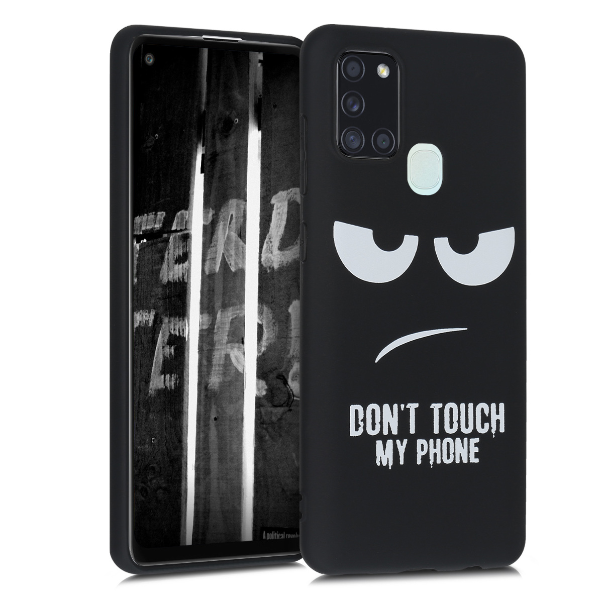 Kryt na mobil Samsung Galaxy A21s kwmobile motiv Don't Touch My Phone - White / Black