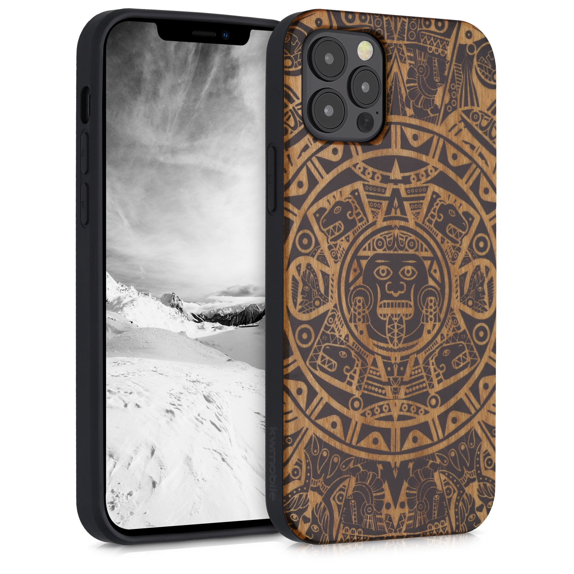 Dřevěný kryt kwmobile pro iPhone 12 / iPhone 12 Pro - světle hnědá / černá